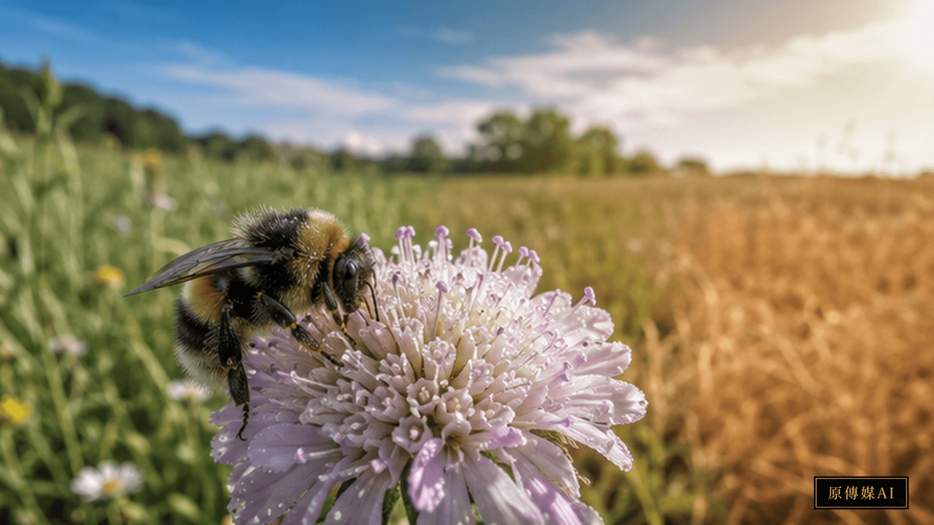 A bumblebee moving through a changing flowering landscape