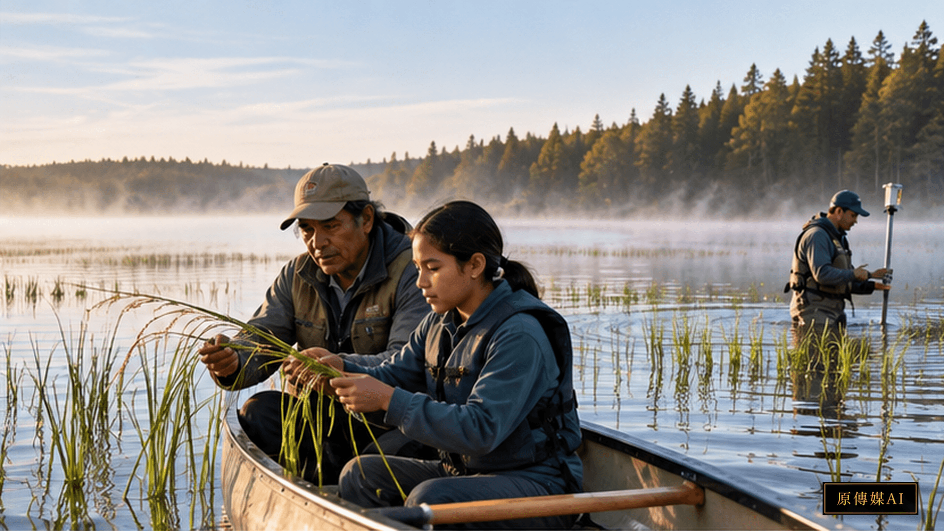 A canoe moving through a wetland stand of mature wild rice at dawn