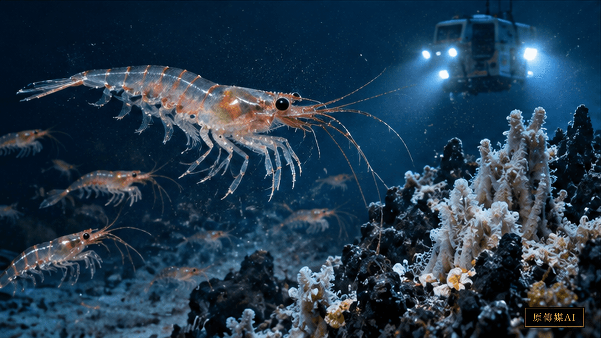 Concept illustration of Antarctic krill near a deep-sea hydrothermal habitat