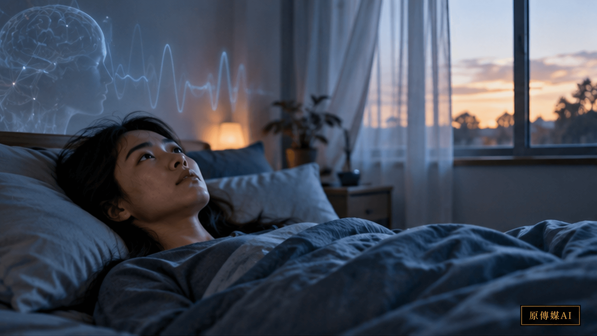 夜間臥室中清醒意識與睡眠交界的概念插畫