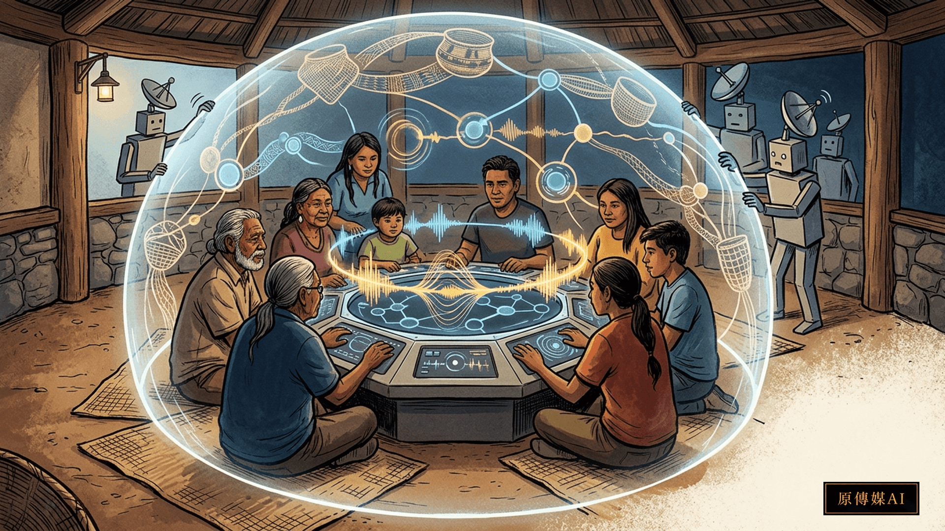 First Nations community members gathered around a locally governed digital interface safeguarding audio waveforms and cultural data