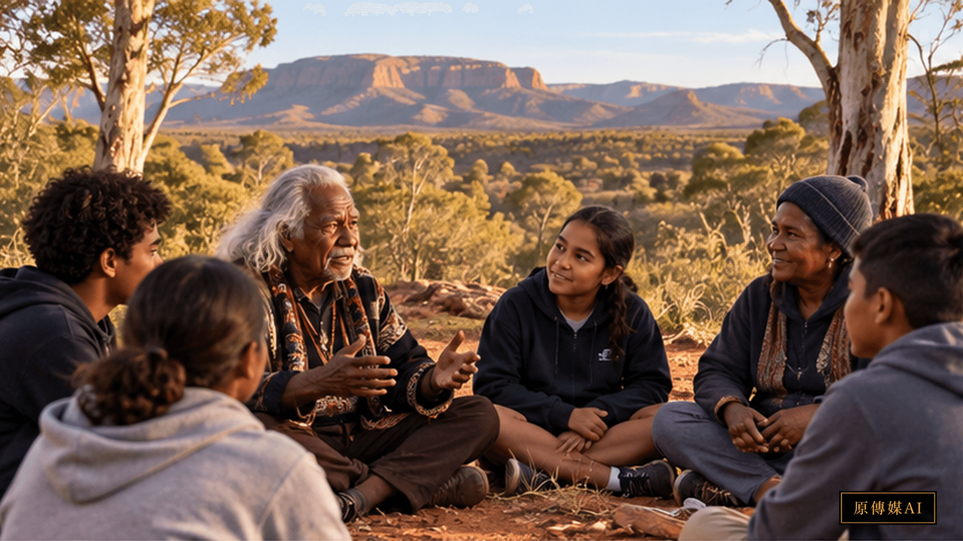 A quiet outdoor gathering on Country, with young people and elders in a circular setting