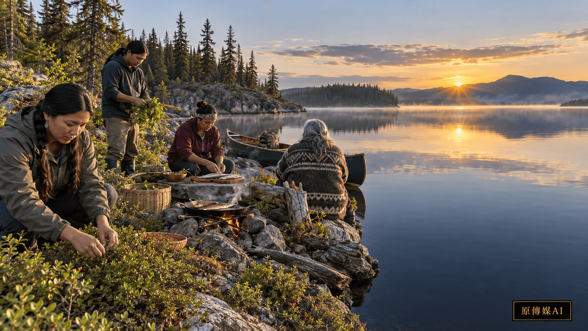 Concept illustration of land-based activities beside a lake