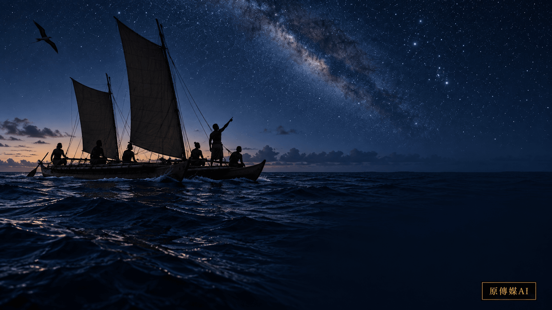 Concept illustration of canoe navigation under the stars