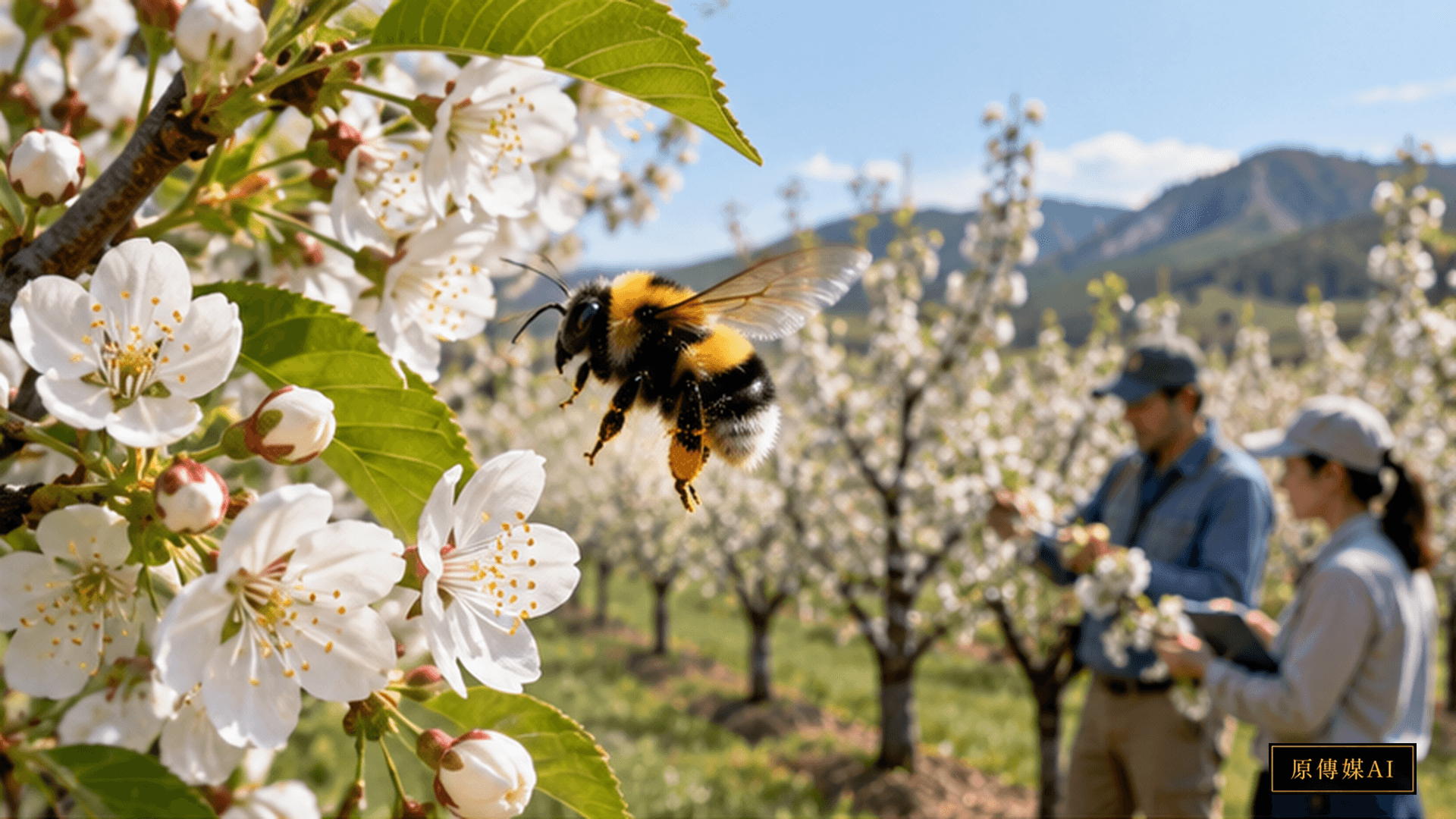 Concept illustration of a bumblebee visiting cherry blossom