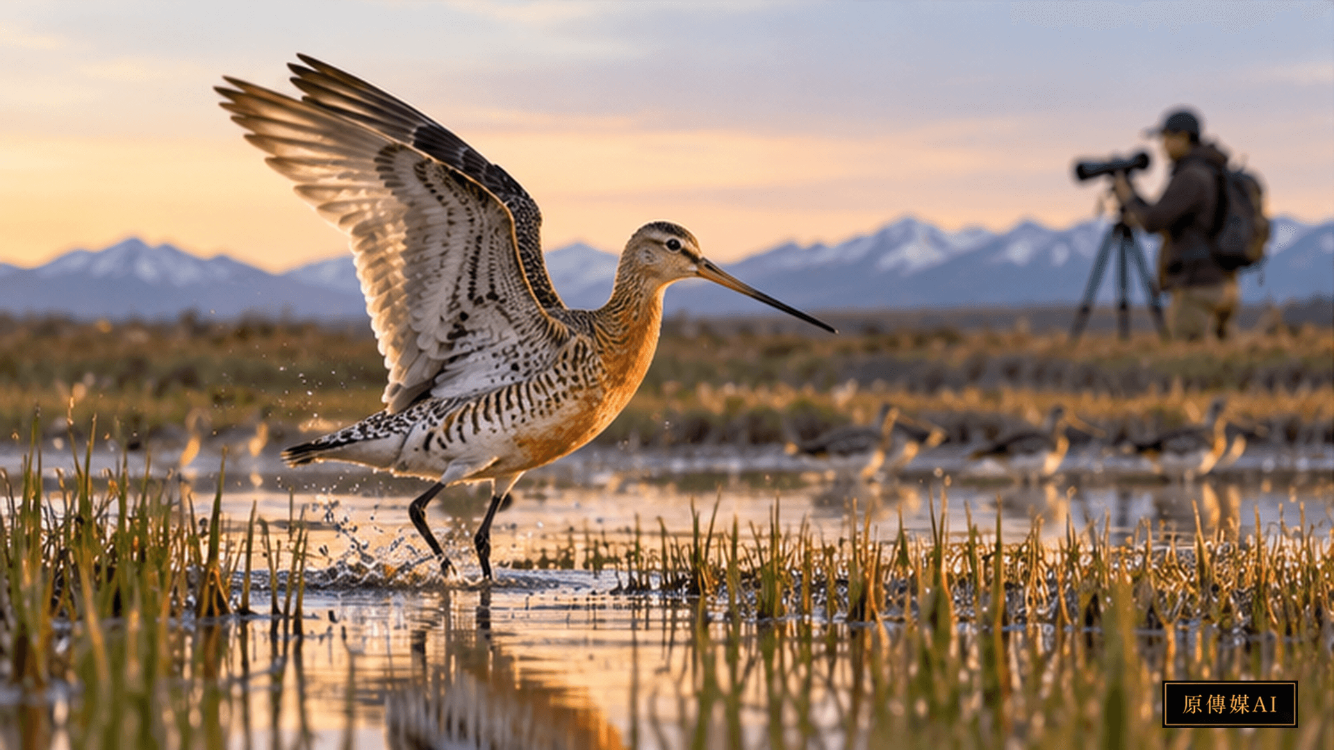 Concept illustration of a Hudsonian godwit over a wetland