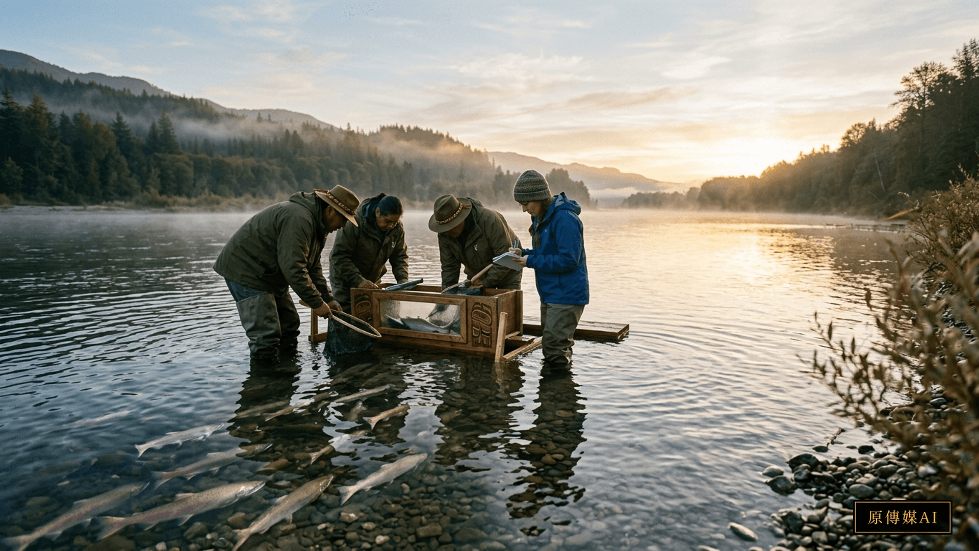 First Nations guardians and scientific researchers collaboratively examining Fraser River salmon ecology at dawn