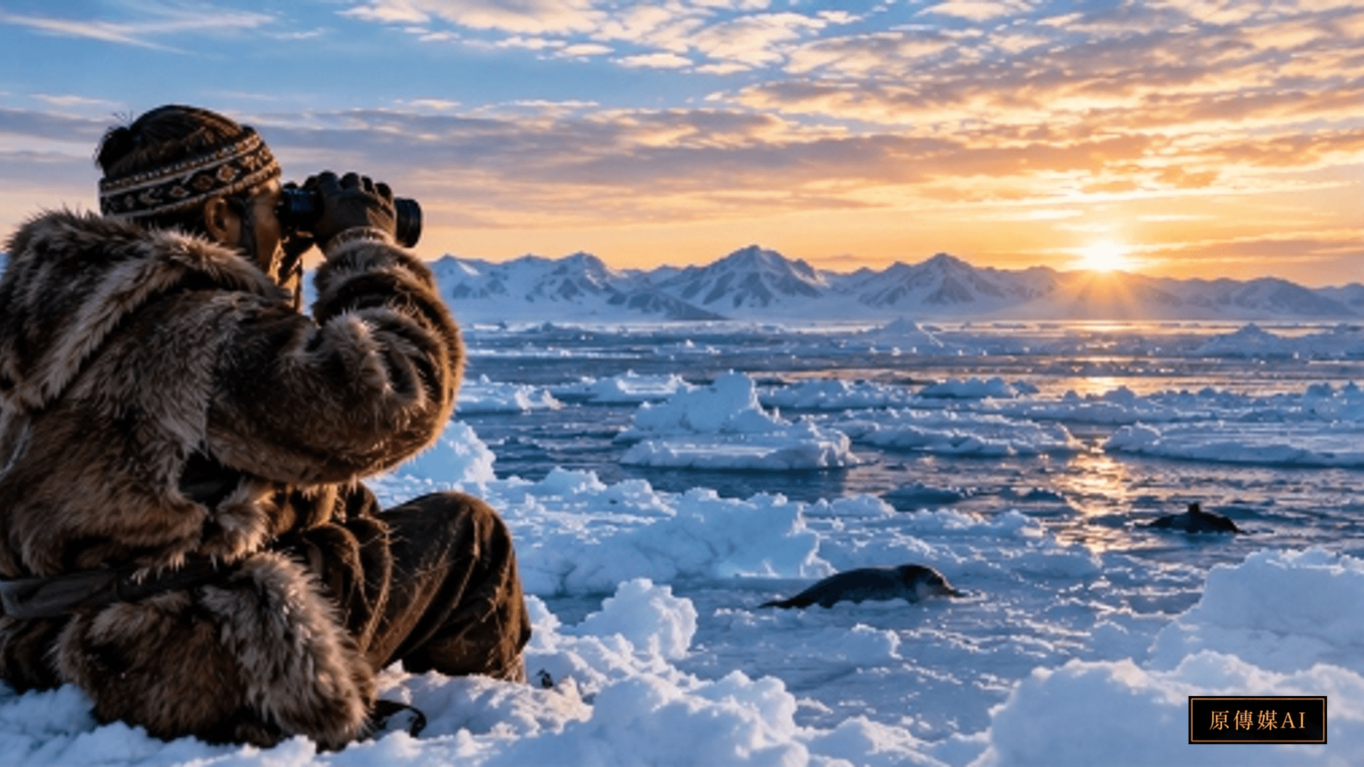 Inuit hunter standing at the edge of Arctic sea ice observing micro-fissures and seal movements with binoculars