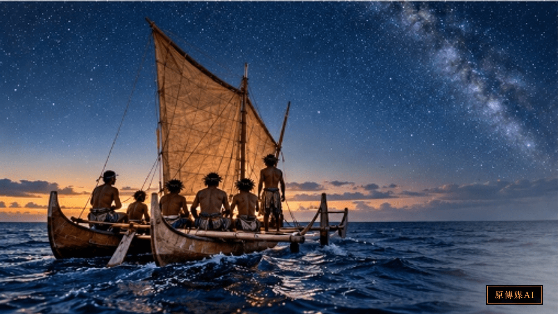 璀璨銀河星空下傳統玻里尼西亞雙體帆船破浪航行於深藍大洋