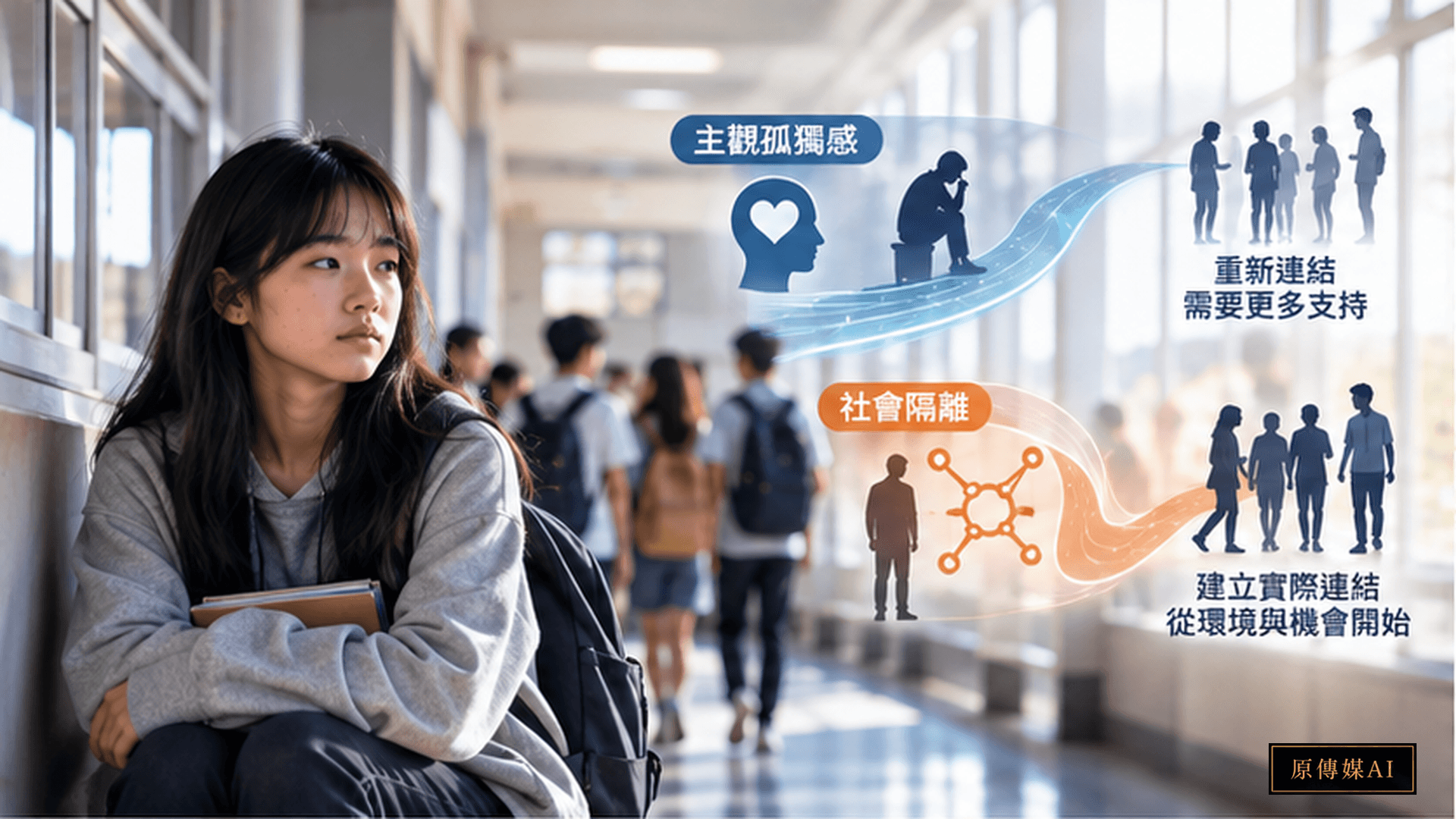 孤獨青少年與人群距離的 AI 概念影像,非研究參與者照片。