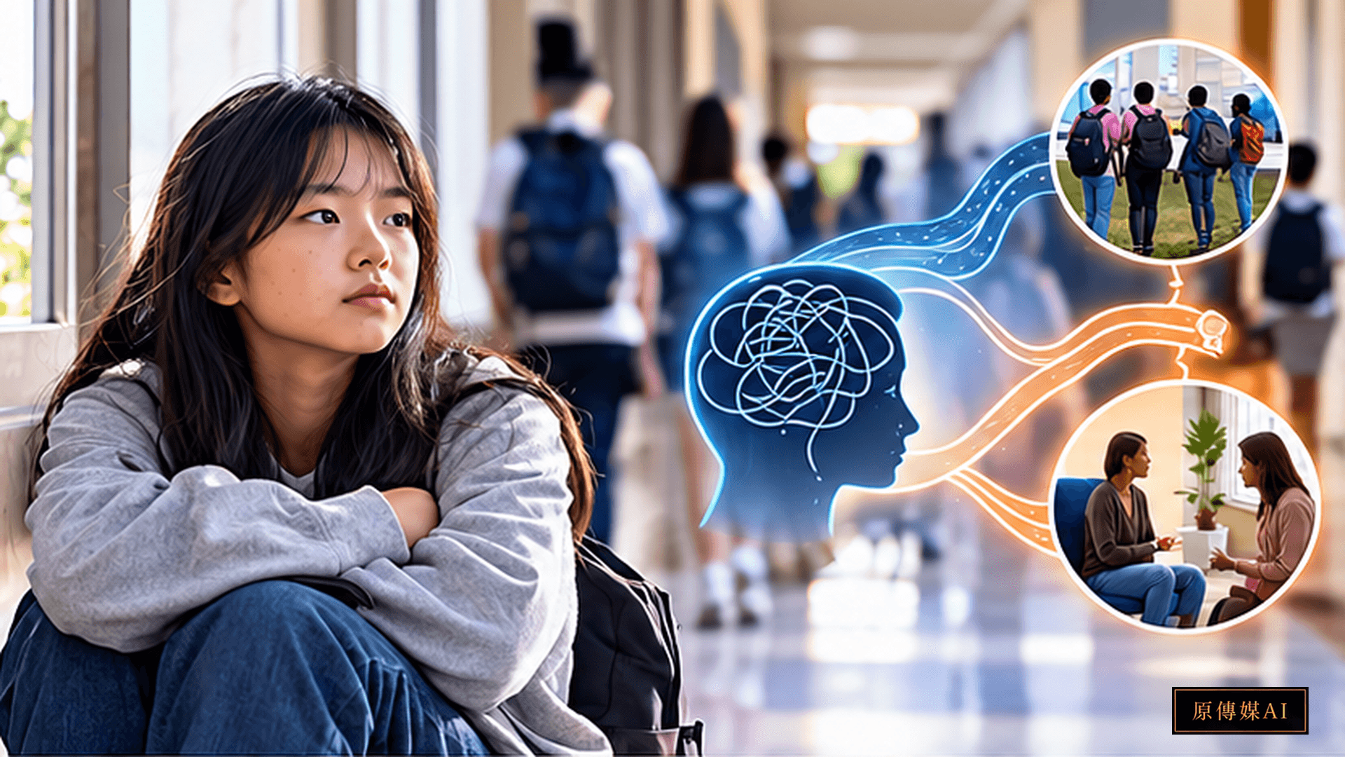 照護空間與情緒支持的 AI 概念影像,非特定病人、治療過程或藥物使用示範。