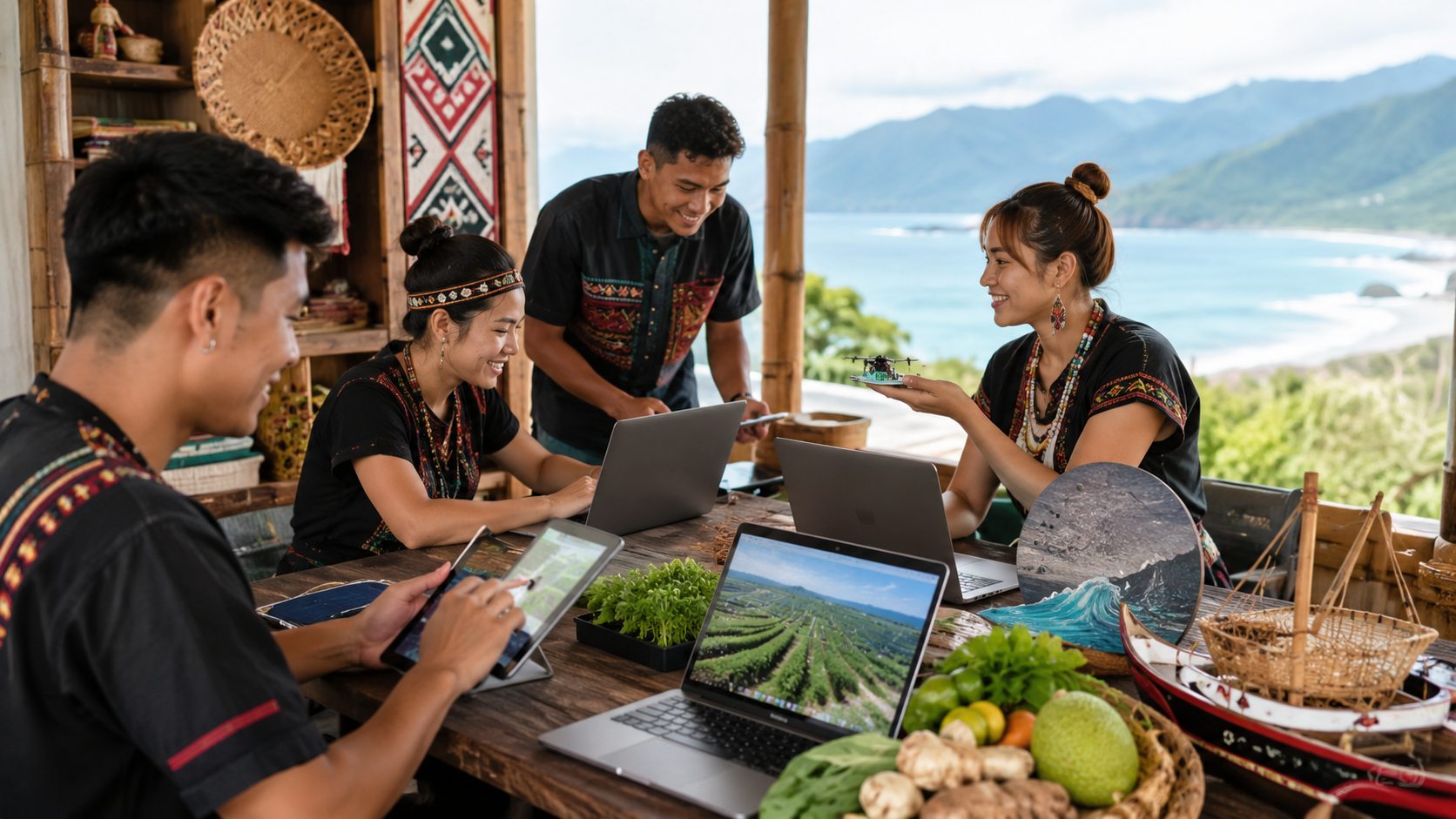 A team scene discussing digital tools and local industries in a seaside workshop