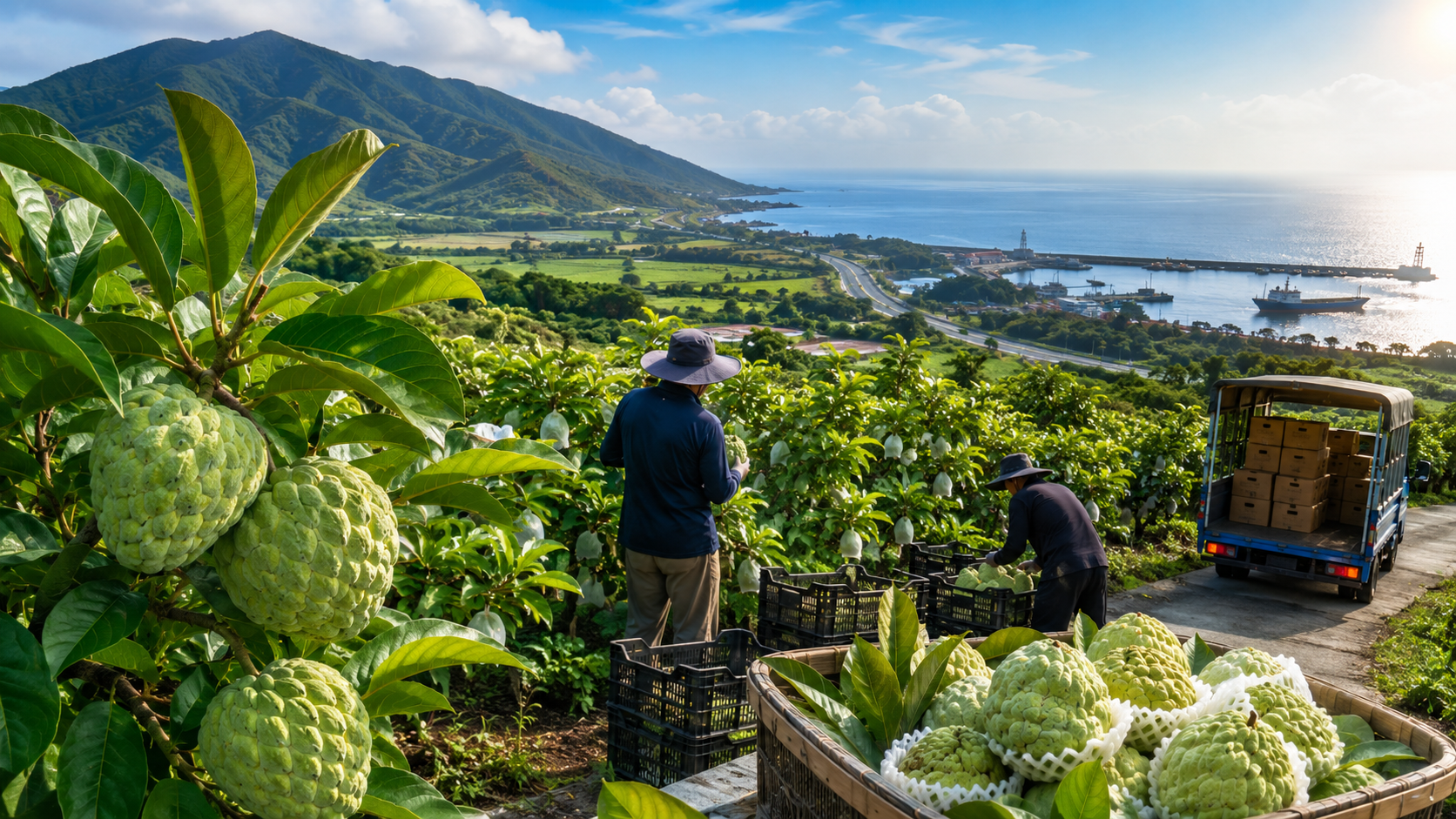 Atemoya orchards between mountains and seas in Taitung, farmers harvesting and harbor logistics scenes