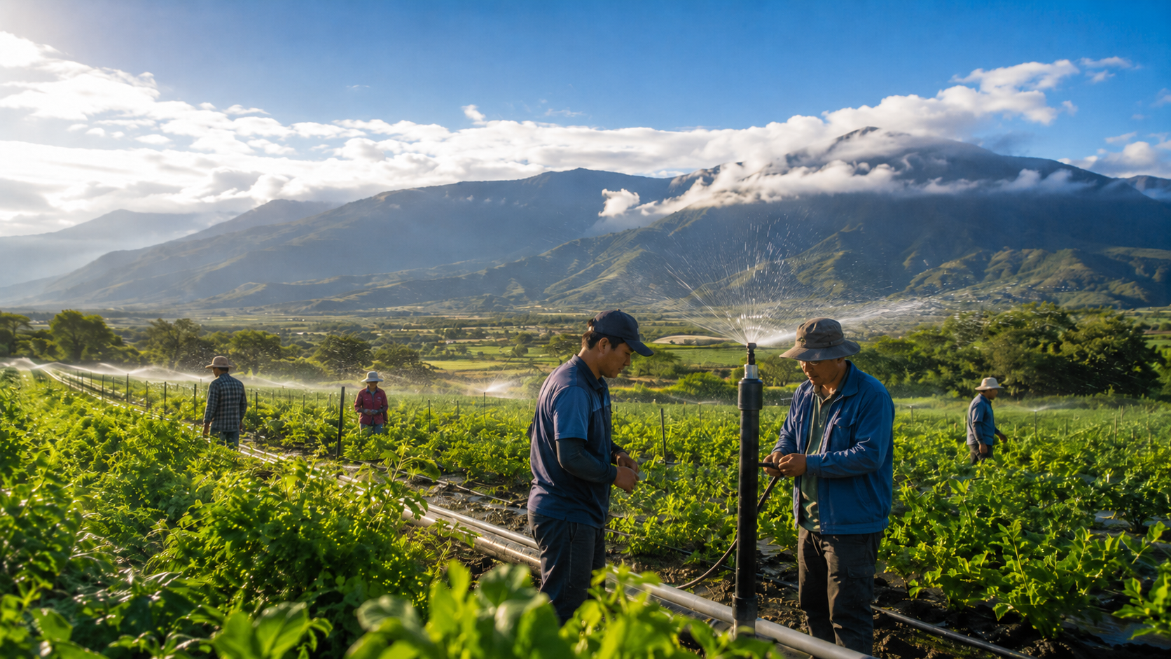 Irrigation spraying in Taitung mountainous farmland and field maintenance scenes, symbolizing irrigation infrastructure and agricultural resilience