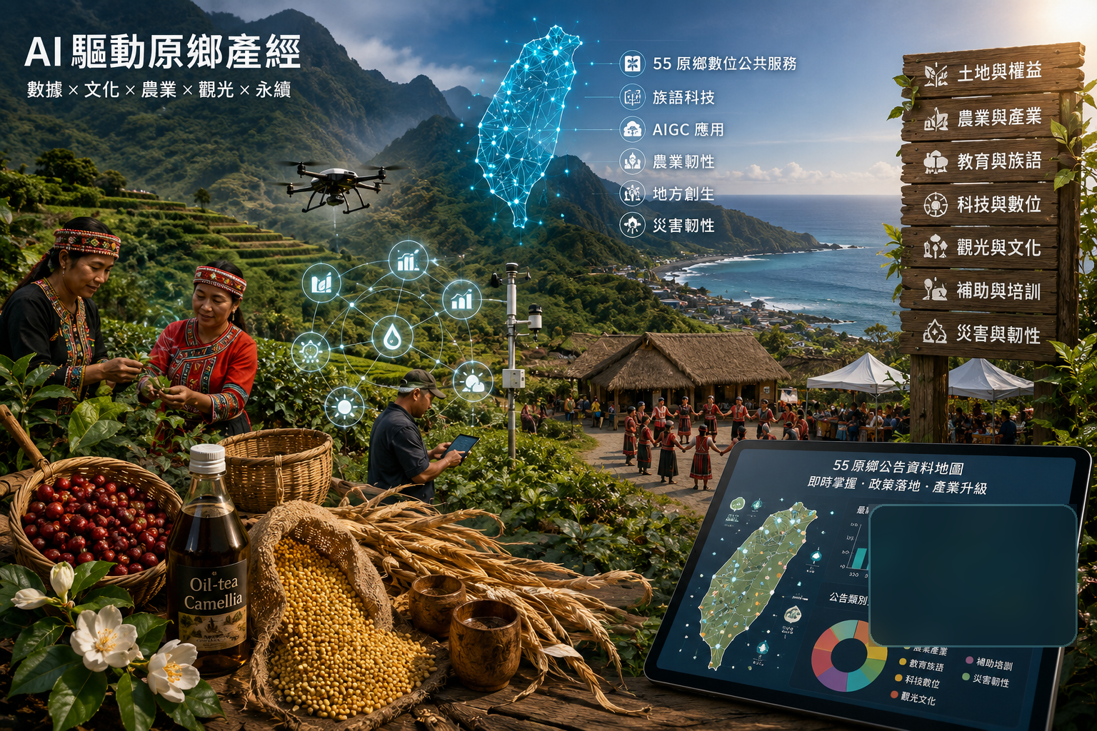 AI 驅動原鄉產經觀察概念圖，結合山海地景、農作、數位節點、55 原鄉資料地圖與公共服務視覺元素