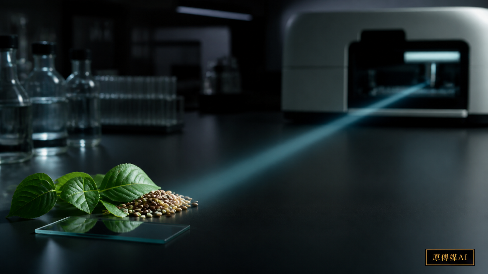 植物樣本與種子在深色生命科學實驗室桌面上,背景為失焦的定序設備。