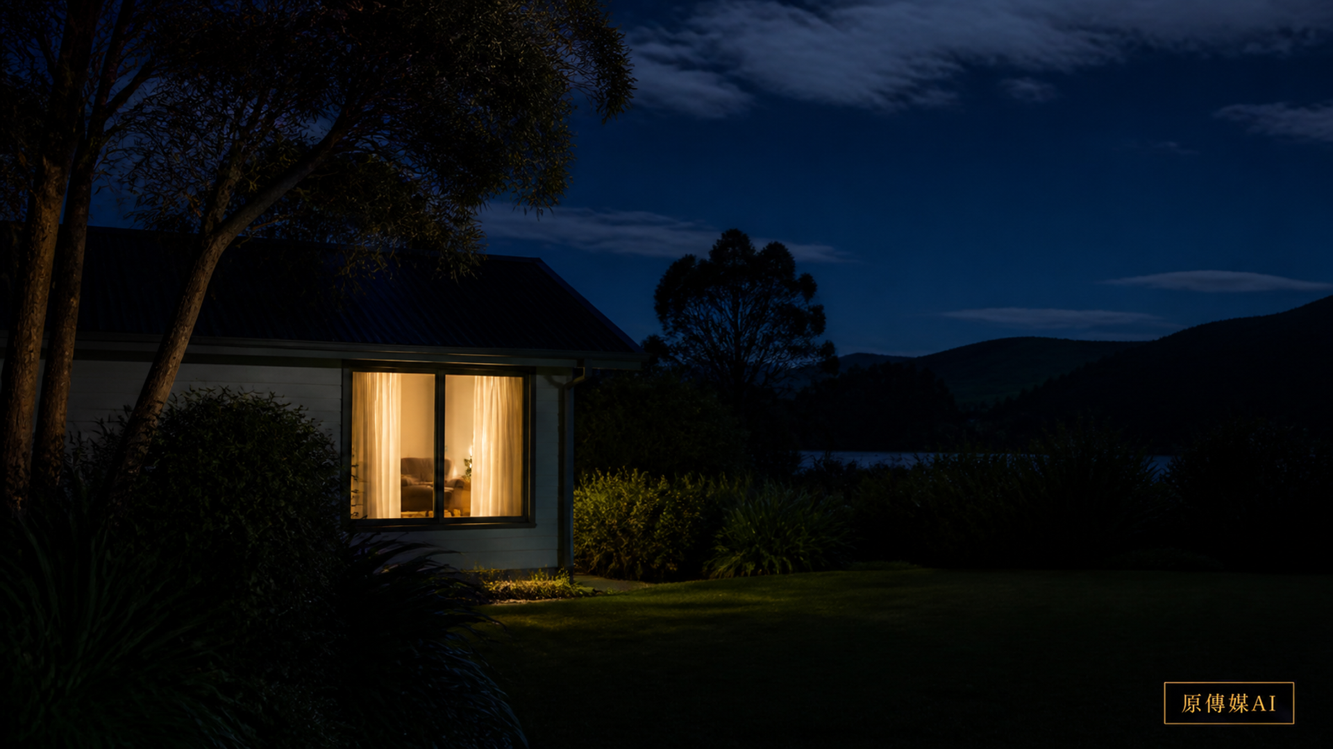 A modest home with a warmly lit window sits among trees and low hills under a deep blue night sky.
