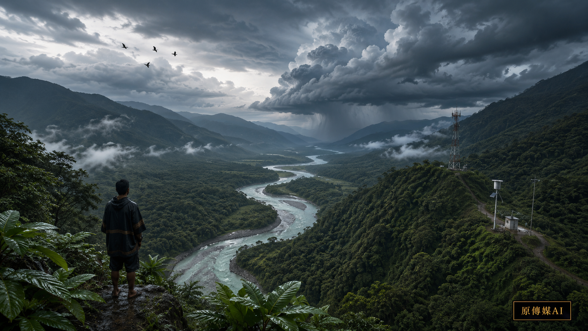 暴雨雲壓近山區河谷,一名地方觀察者站在稜線,遠方可見通訊塔與雨量監測設備,天空有鳥群掠過。