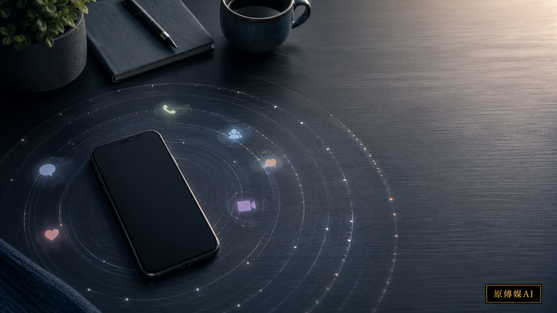 A smartphone on a dark desk sits inside concentric time ripples, surrounded by abstract points of light suggesting calls, messages, social media, and video.