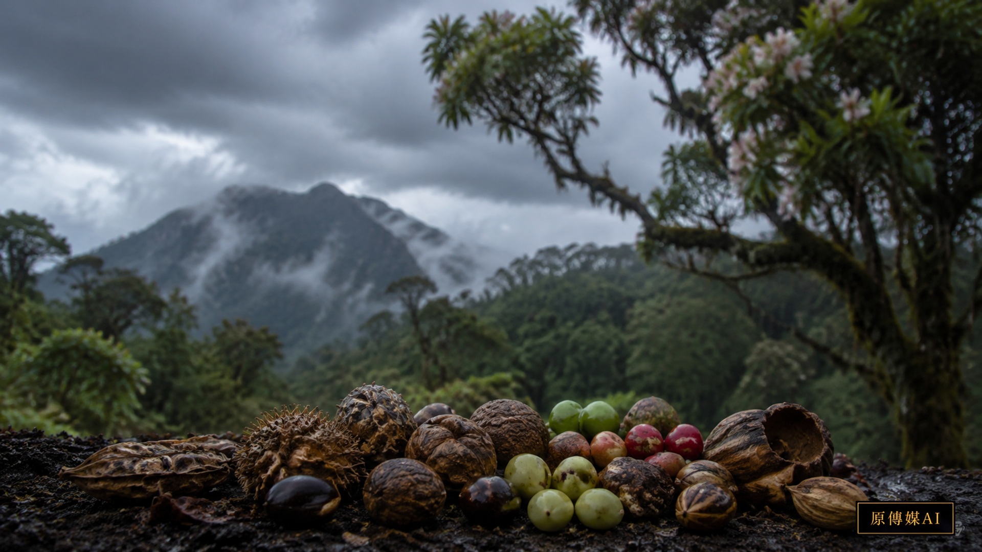 Mount Elgon forest with a diverse selection of seeds in the foreground