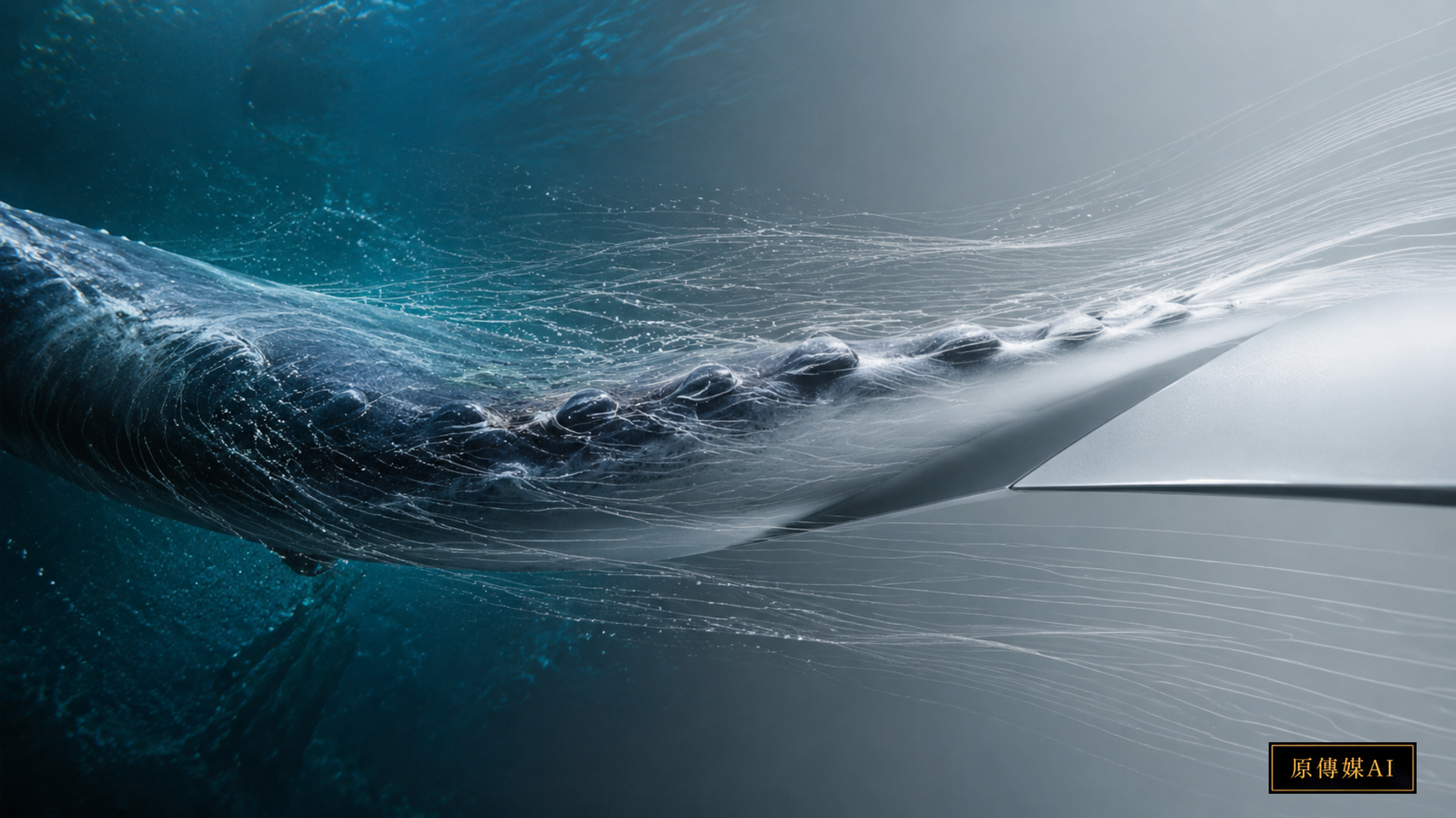 A humpback whale flipper with leading-edge tubercles transitioning into an engineered blade