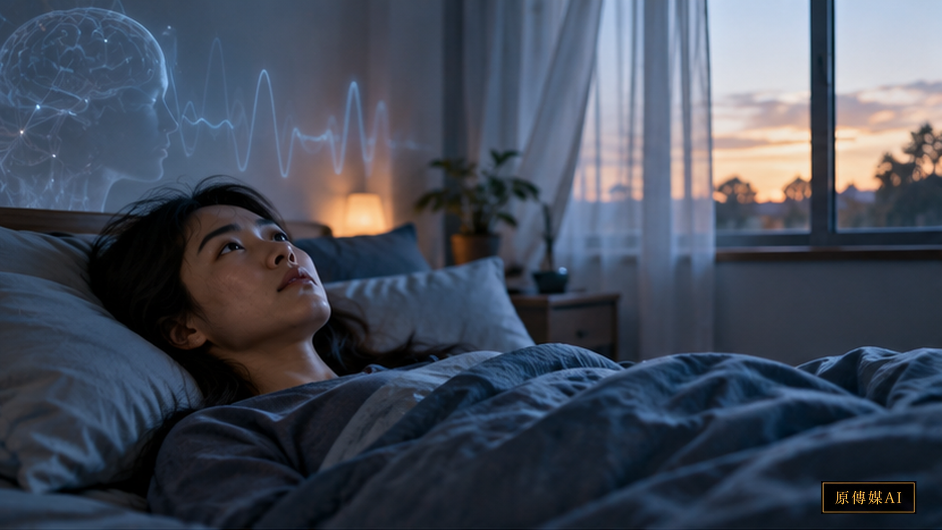 Concept illustration of awareness at the boundary between sleep and wakefulness in a bedroom