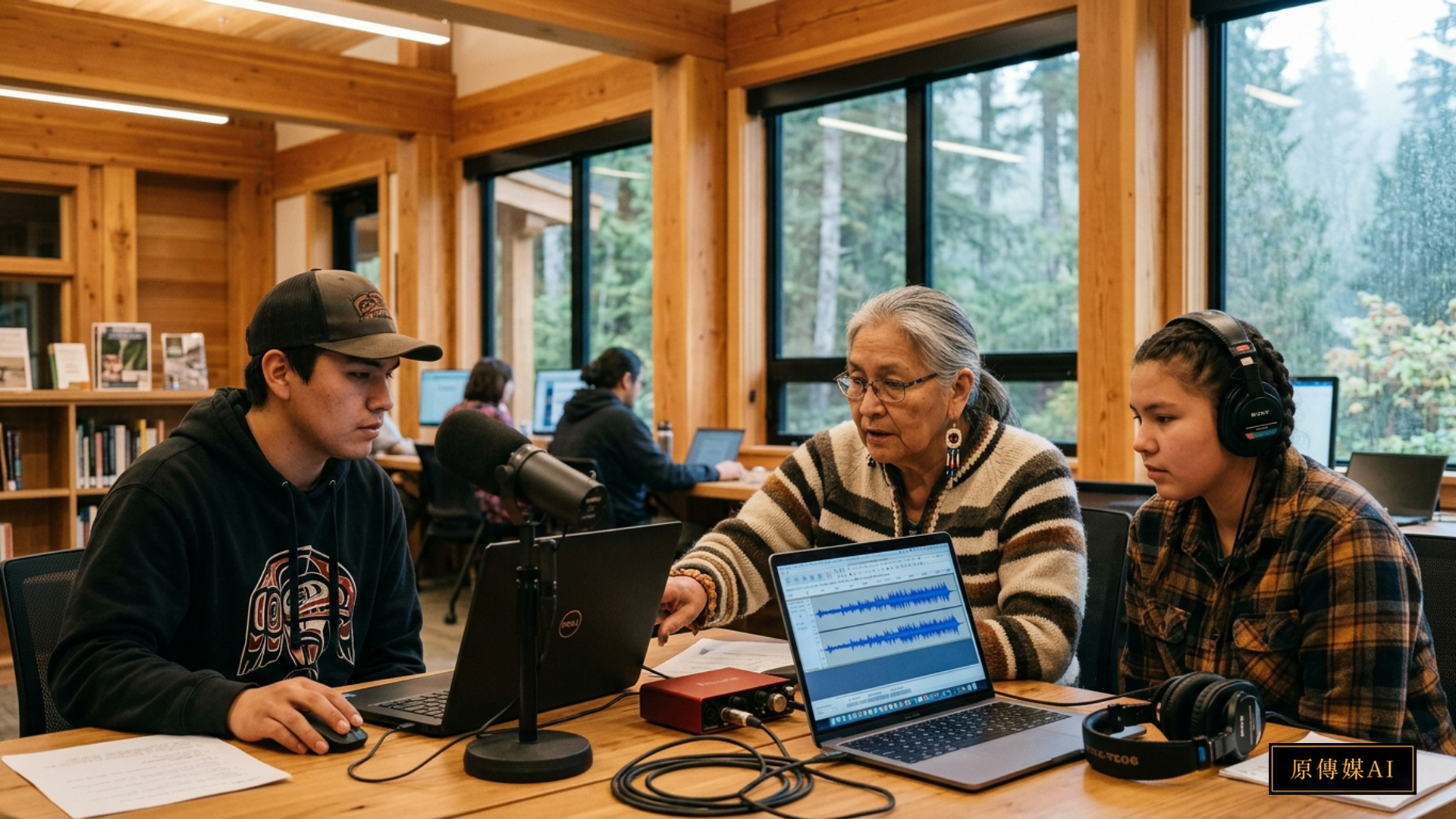 First Nations elder and youth collaborating at a community technology centre reviewing speech waveforms and local language archives
