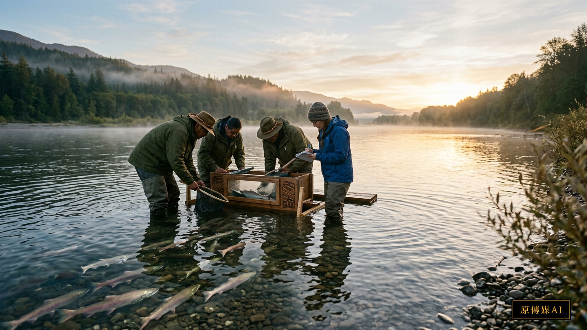 First Nations guardians and scientific researchers collaboratively examining Fraser River salmon ecology at dawn
