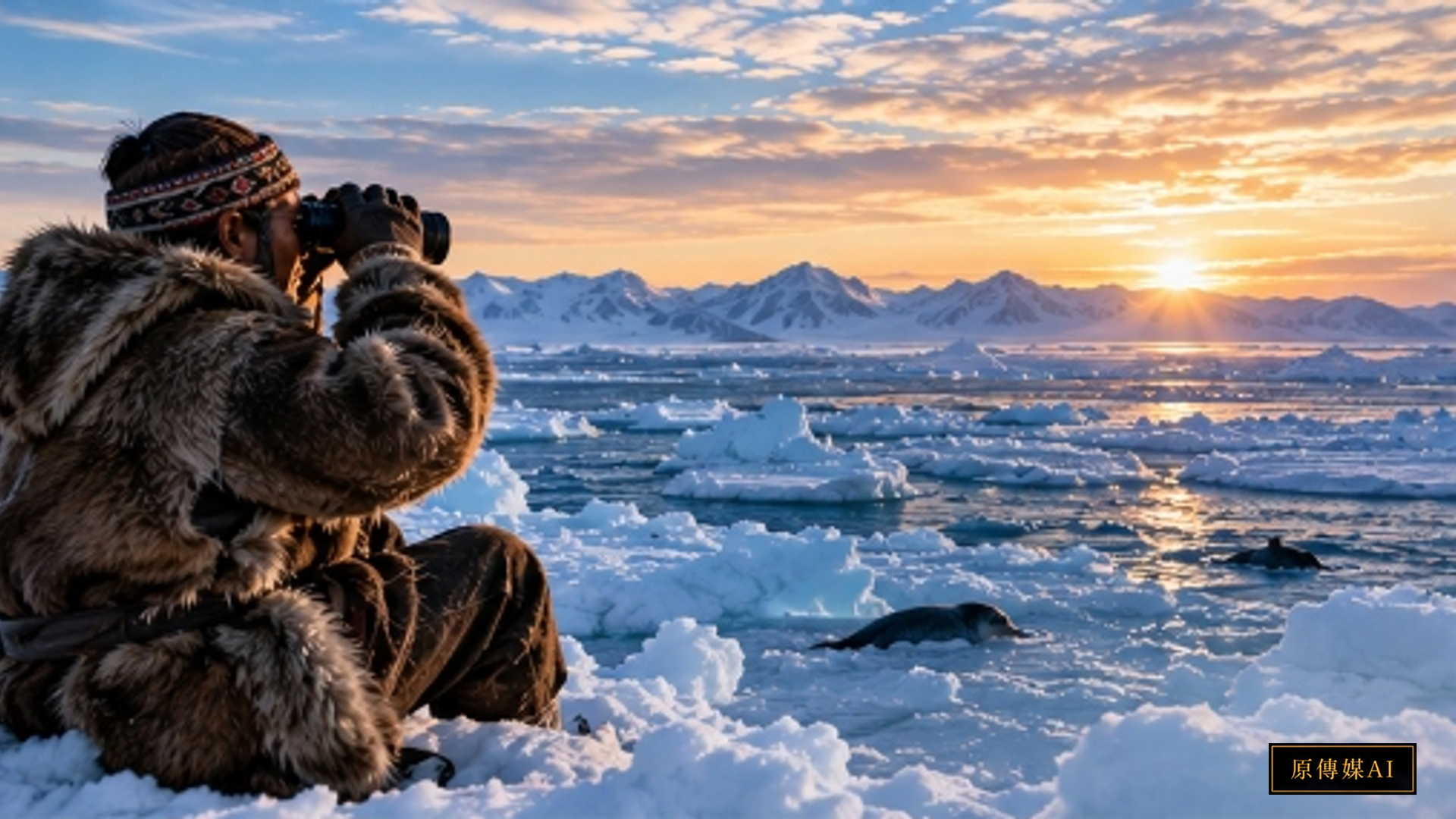 Inuit hunter standing at the edge of Arctic sea ice observing micro-fissures and seal movements with binoculars