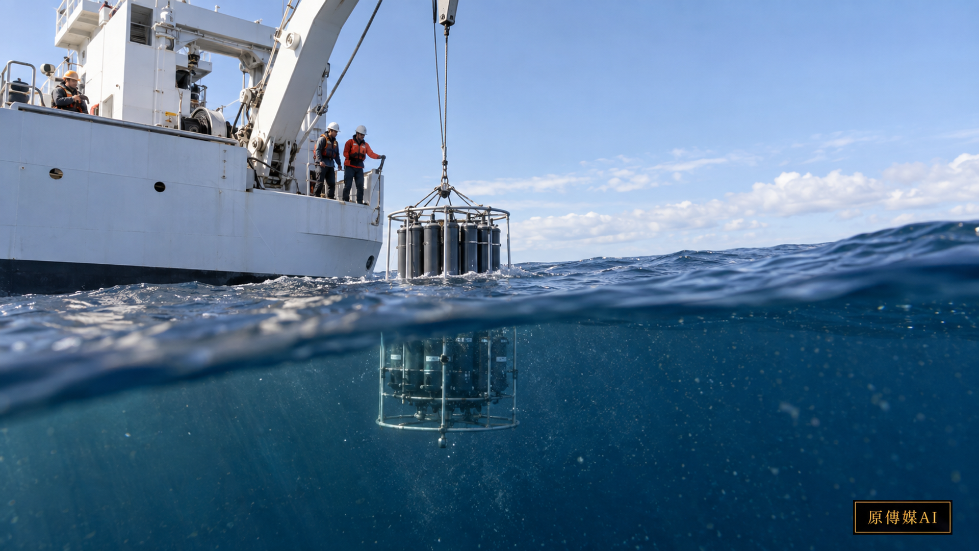 Documentary science cover of an unmarked research vessel deploying an oceanographic sampling rosette