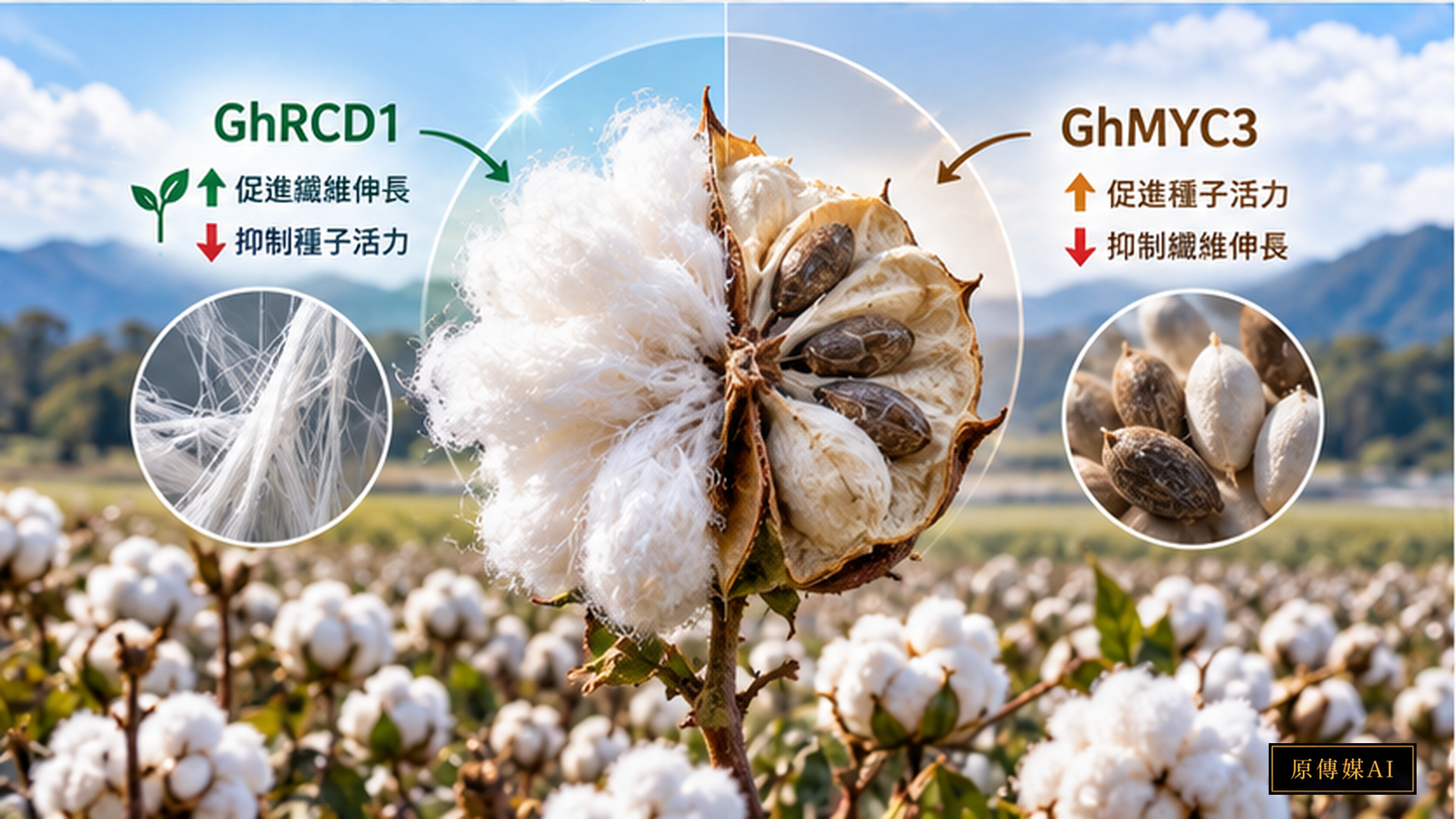 棉花、種子及分子關係的 AI 概念影像，非顯微量測或商品品種證據。