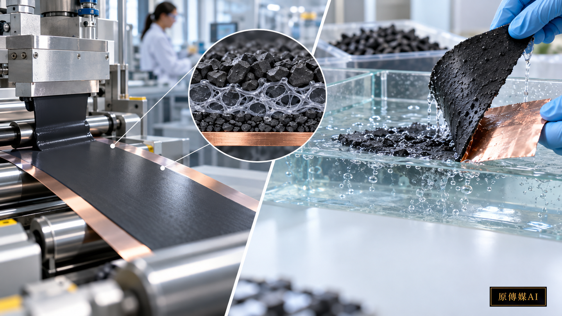 電極製造與水處理分離示意，非家庭操作方法或特定工廠現場紀錄。