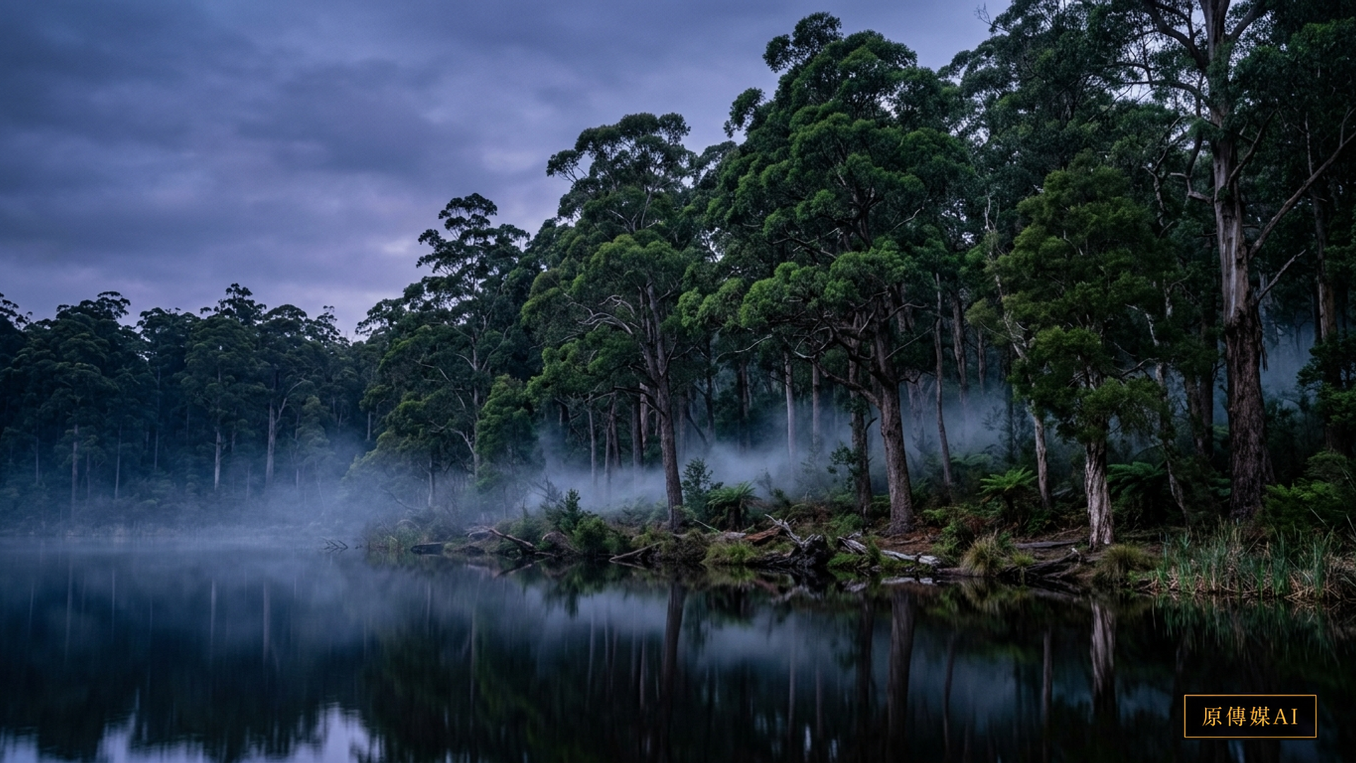 A tranquil lakeside eucalyptus woodland at twilight, where gentle low-intensity smoke from cultural burning drifts beneath a vibrant green canopy, with no text.