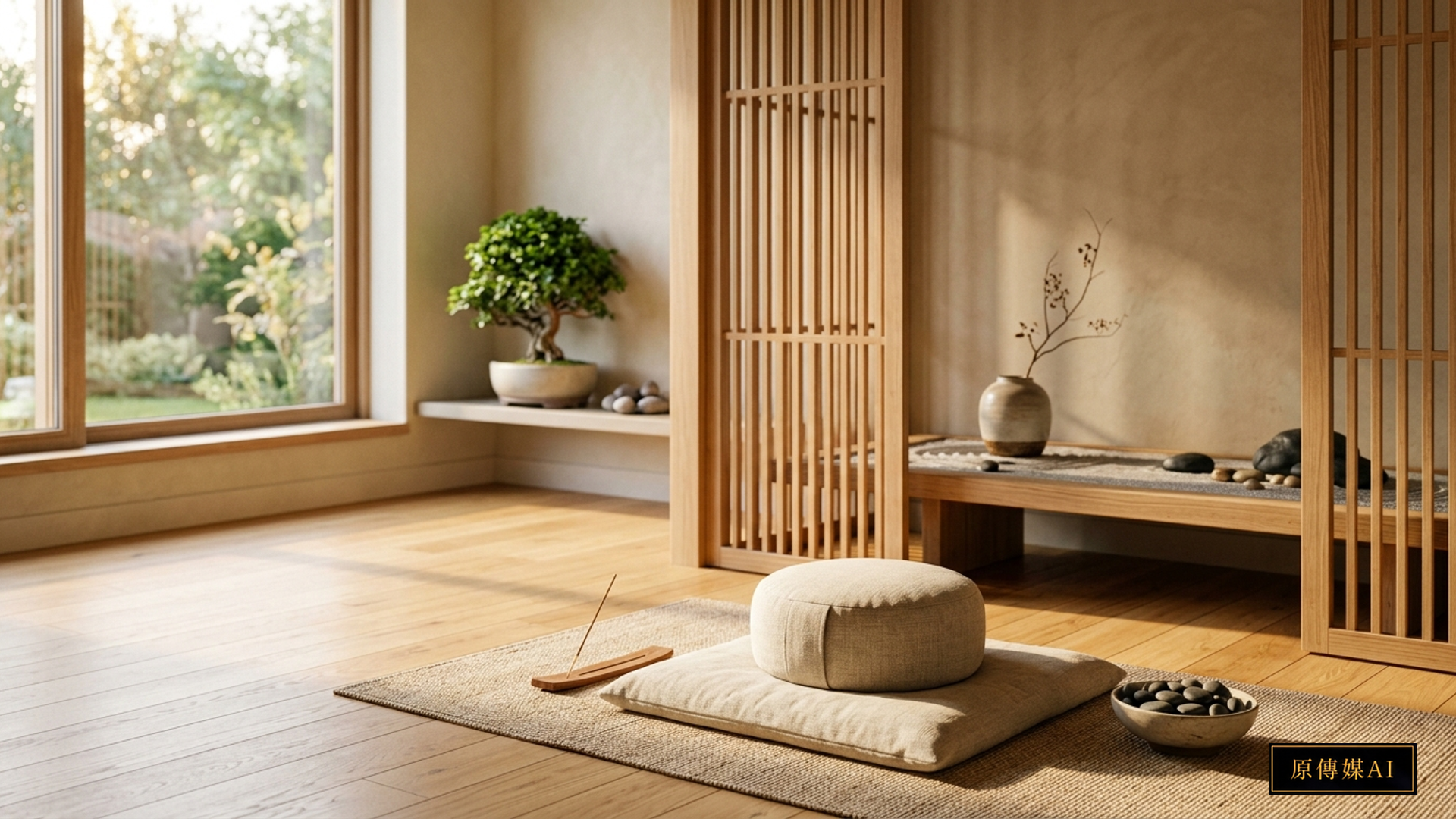 A serene wooden meditation studio with morning light streaming through slatted blinds onto a round meditation cushion and arranged smooth river stones, with no people or text.