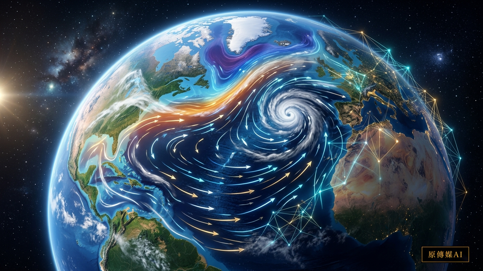 A view of Earth from space showing atmospheric dynamical circulation overlaid with subtle glowing neural network pathways symbolizing AI bias correction for numerical weather models.