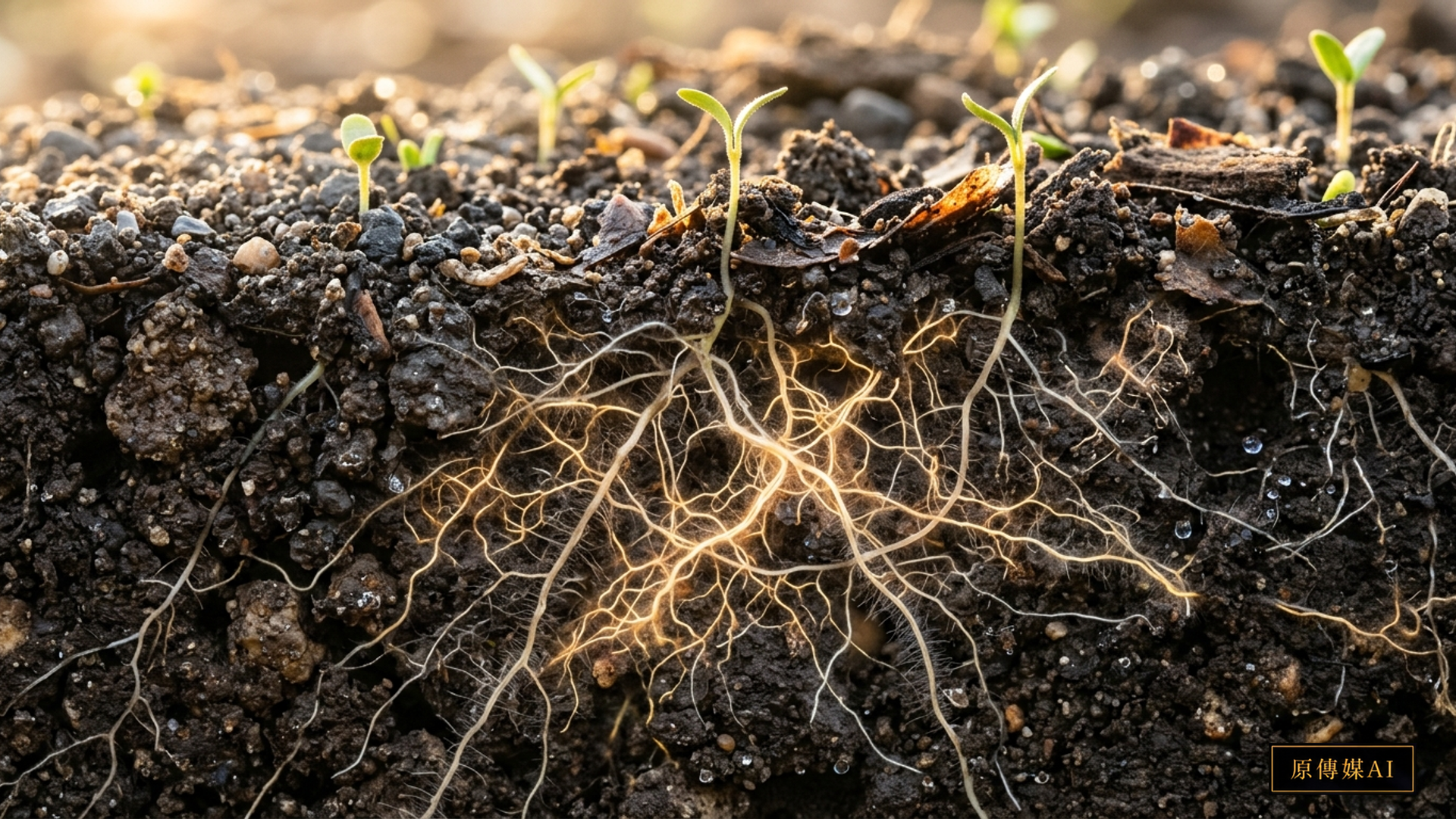 A detailed macro cross-section of fertile agricultural topsoil under warm morning light, showing fine dark grey crushed basalt mineral particles on the surface and glowing plant roots intertwined with delicate mycorrhizal fungal threads in the rhizosphere below, with no text.