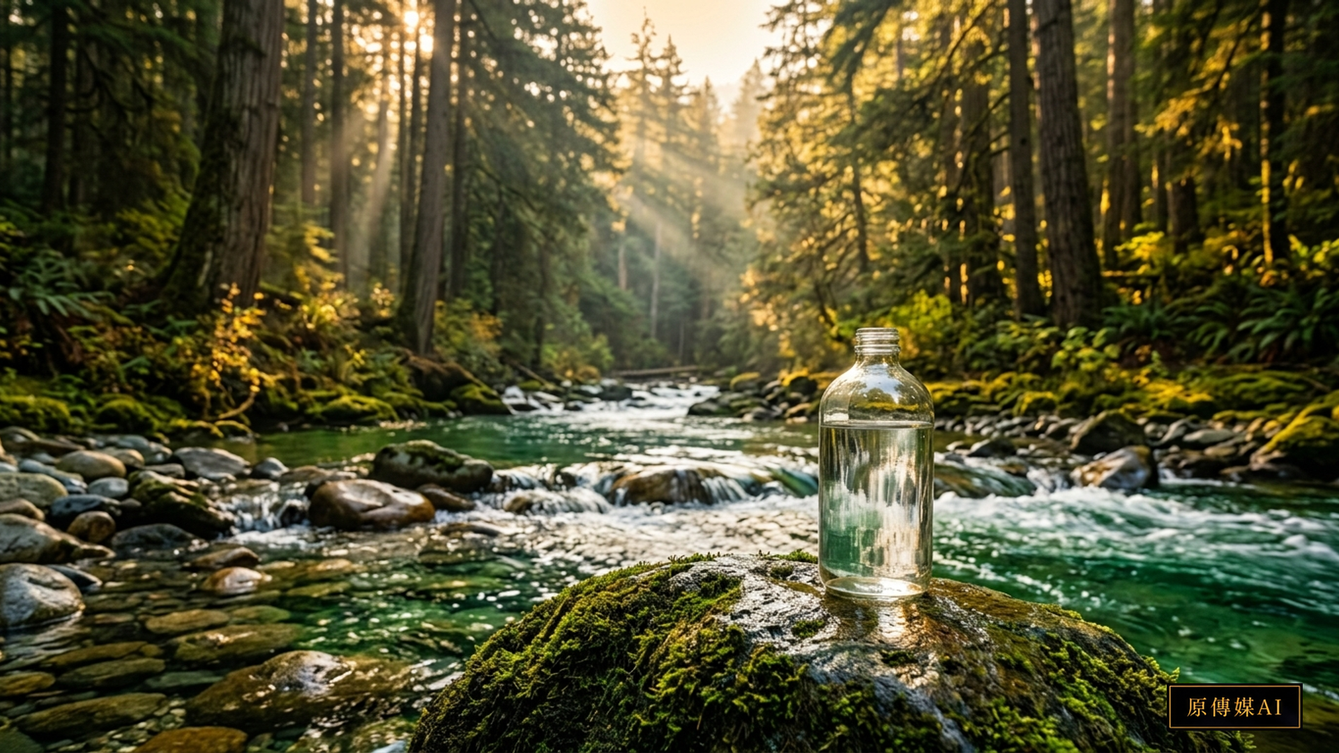 A crystal-clear mountain forest river watershed at golden hour with emerald water flowing over smooth river stones beneath tall cedar and pine trees, and a clean transparent glass water-sampling bottle resting on a mossy rock at the water's edge, with no text.
