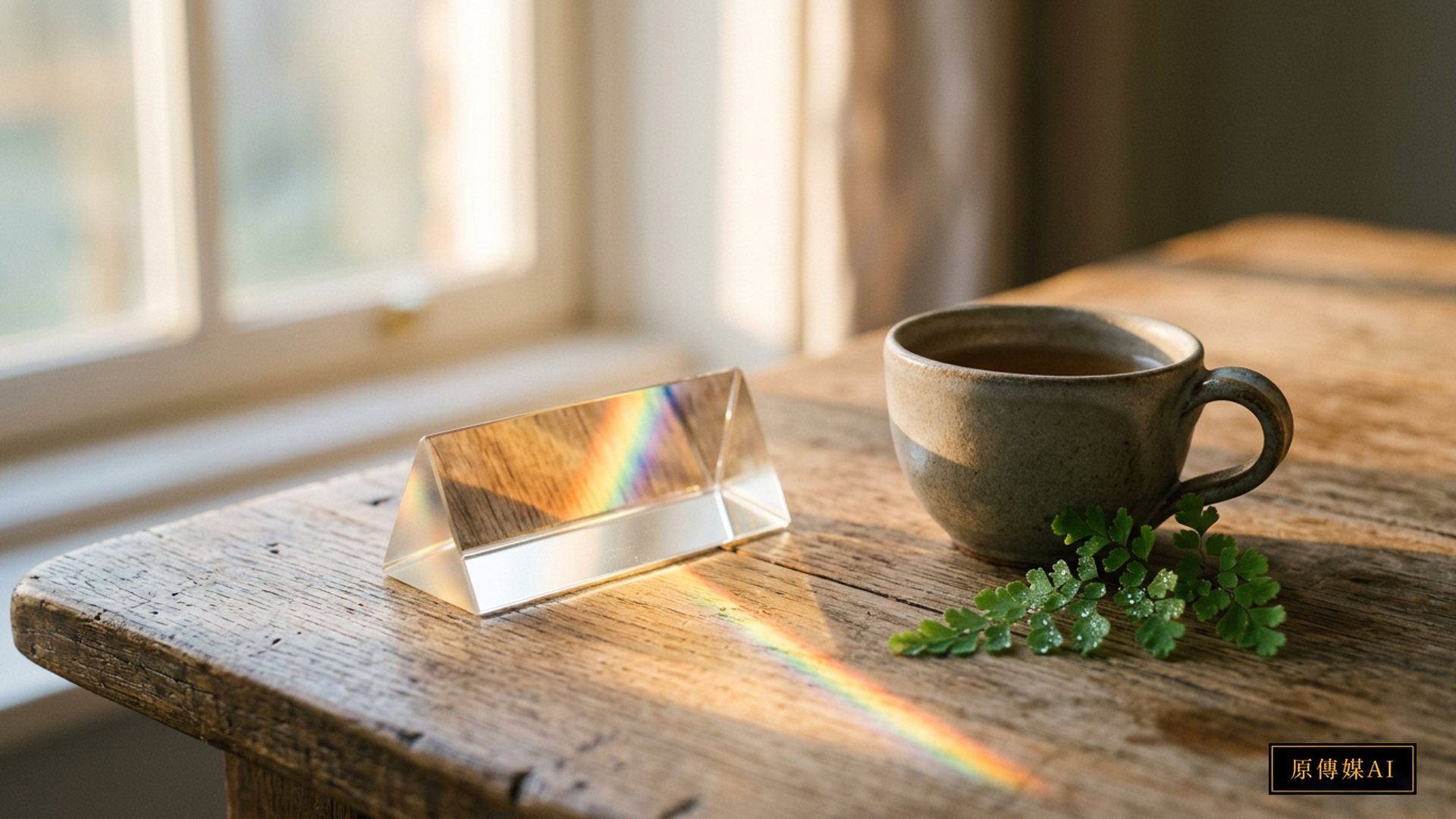 A serene sunlit room at dawn where morning light passes through a clear crystal prism on a natural oak table, casting a finely separated spectrum of warm and cool light bands beside a handmade ceramic teacup and green fern leaves, with no people or text.