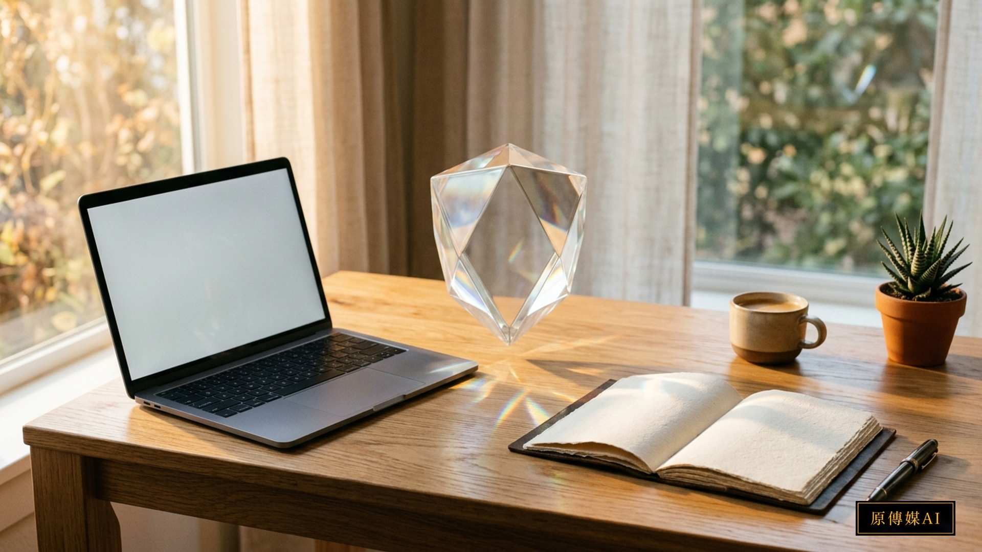 A warm sunlit modern oak desk where a translucent faceted glass prism shield hovers gently between a sleek laptop and an open blank notebook with a fountain pen, casting delicate light caustics symbolizing cognitive discernment and verification, with no text or logos.