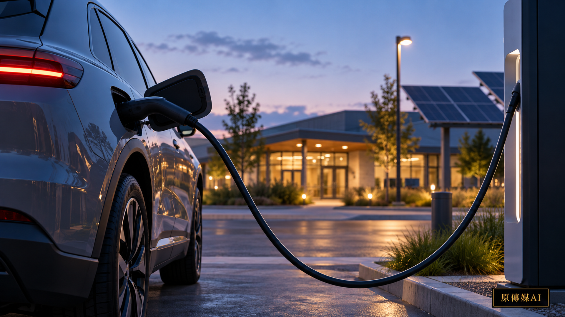 A software-defined electric vehicle charging hub and distributed microgrid station with sleek charging dispensers, power electronics enclosures, and solar canopies under bright morning light with no words or logos.