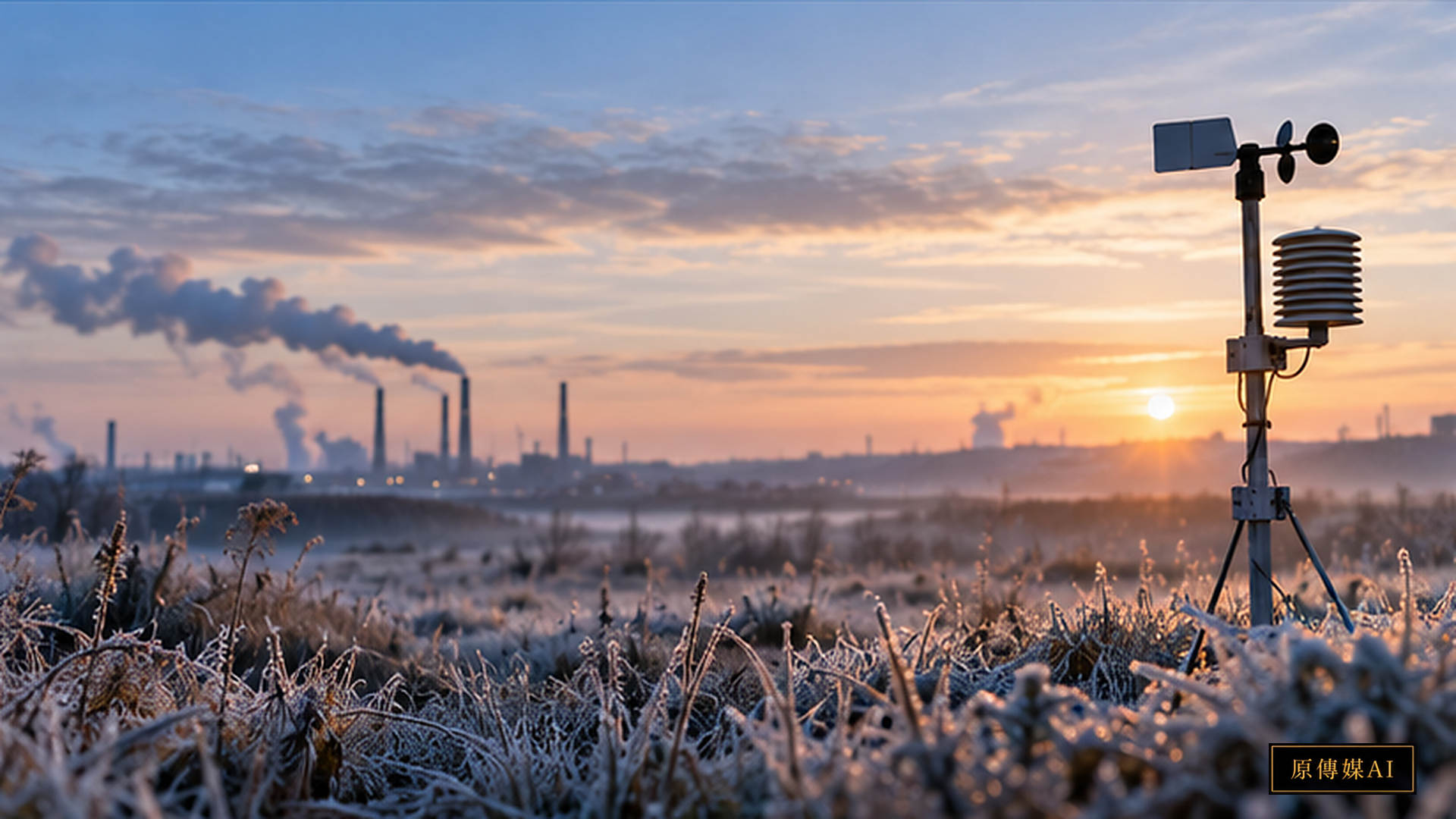A meteorological Stevenson screen and anemometer on an expansive arctic tundra at dawn with a low-carbon energy transition landscape on the horizon, with no words or logos.