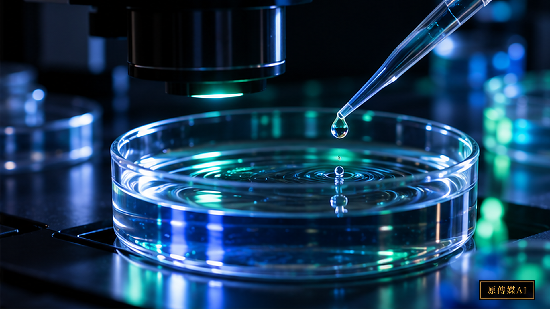 An inverted fluorescence microscope in a biomedical optics laboratory focusing on microfluidic droplets with cyan and green fluorescent halos, with no words or logos.