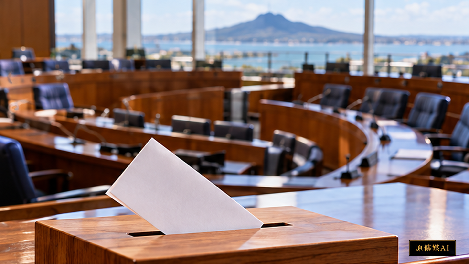 Interior view of a New Zealand local council debating chamber with curved wooden desks, microphones, a wooden ballot box with an official postal envelope in the foreground, and Mount Maunganui visible through the background window, with no human figures, words, or watermarks.