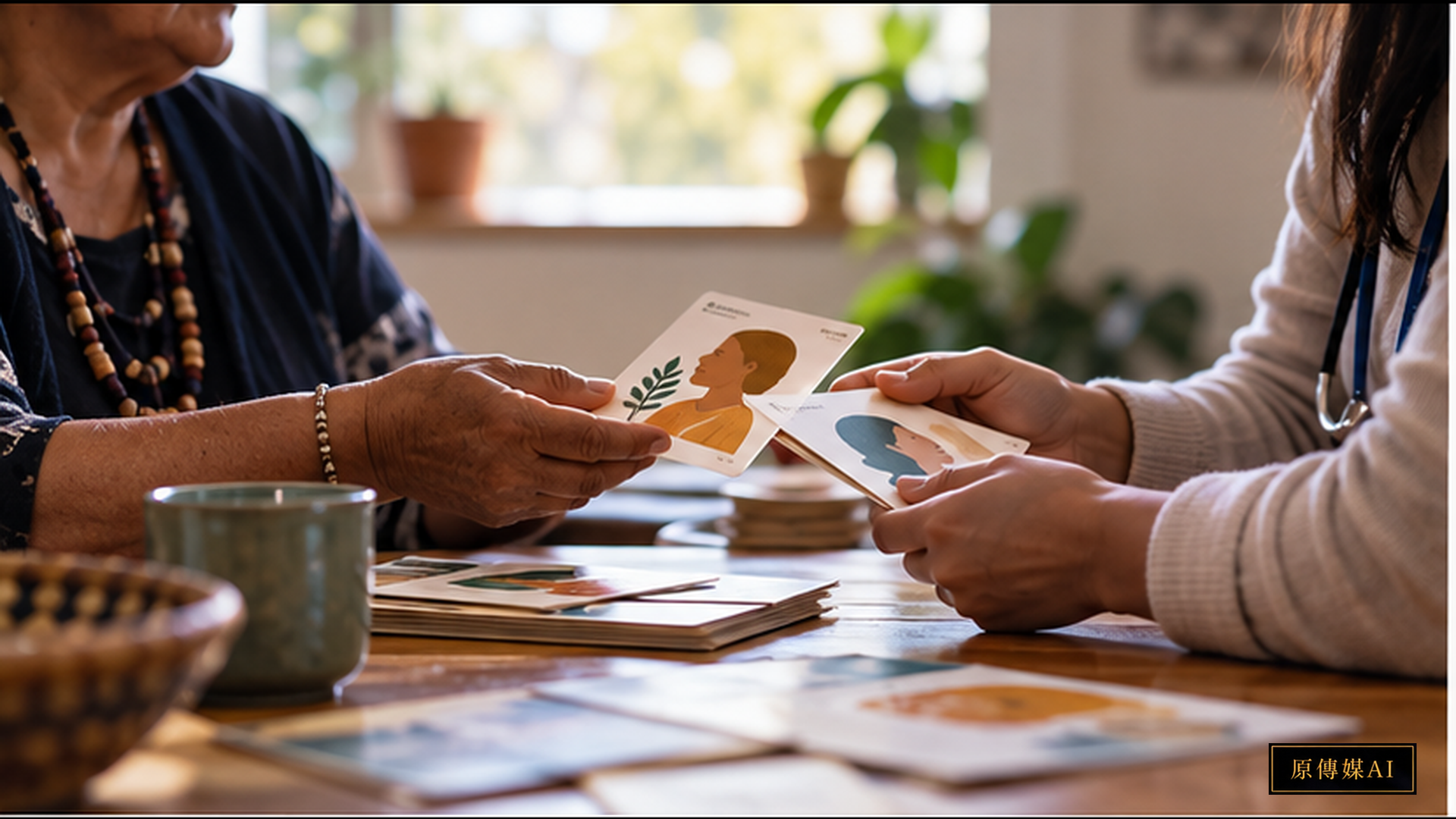 Healthcare worker and mature First Nations community client holding menopause communication cards with botanical and silhouette motifs at a table. Respectful, realistic, no invented cultural regalia or facial tattoos, 1920x1080.