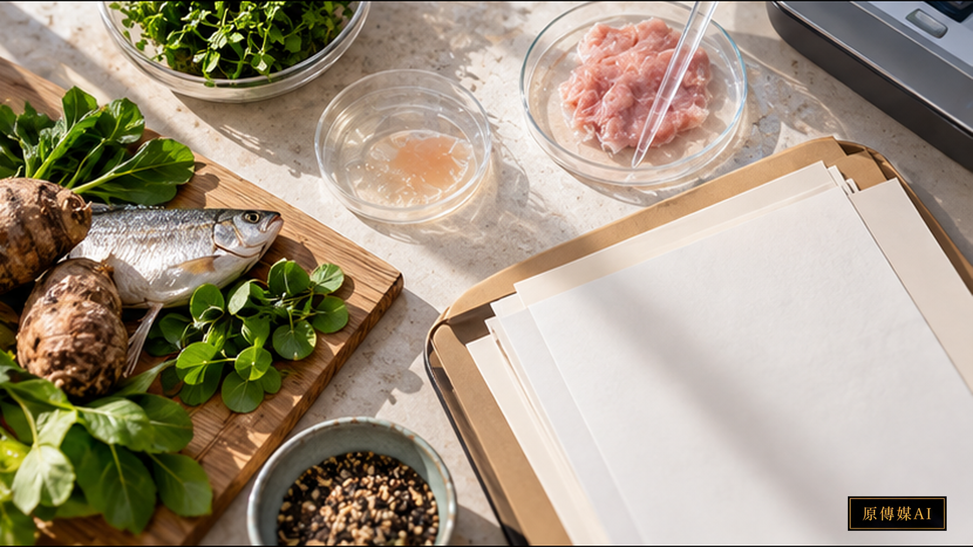 Documentary juxtaposition of traditional indigenous foods (native produce, fish, seeds) alongside cellular culture meat laboratory dishes and statutory review legal documents, 1920x1080.