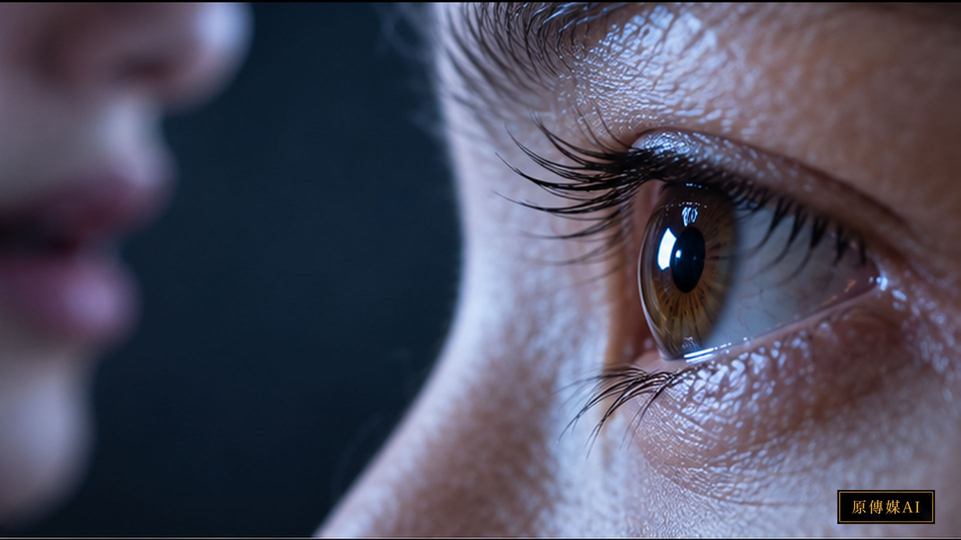 Macro close-up photograph of eye pupil dilation dynamics juxtaposed with overt speech facial motion in soft focus, conceptual cognitive neuroscience, 1920x1080.