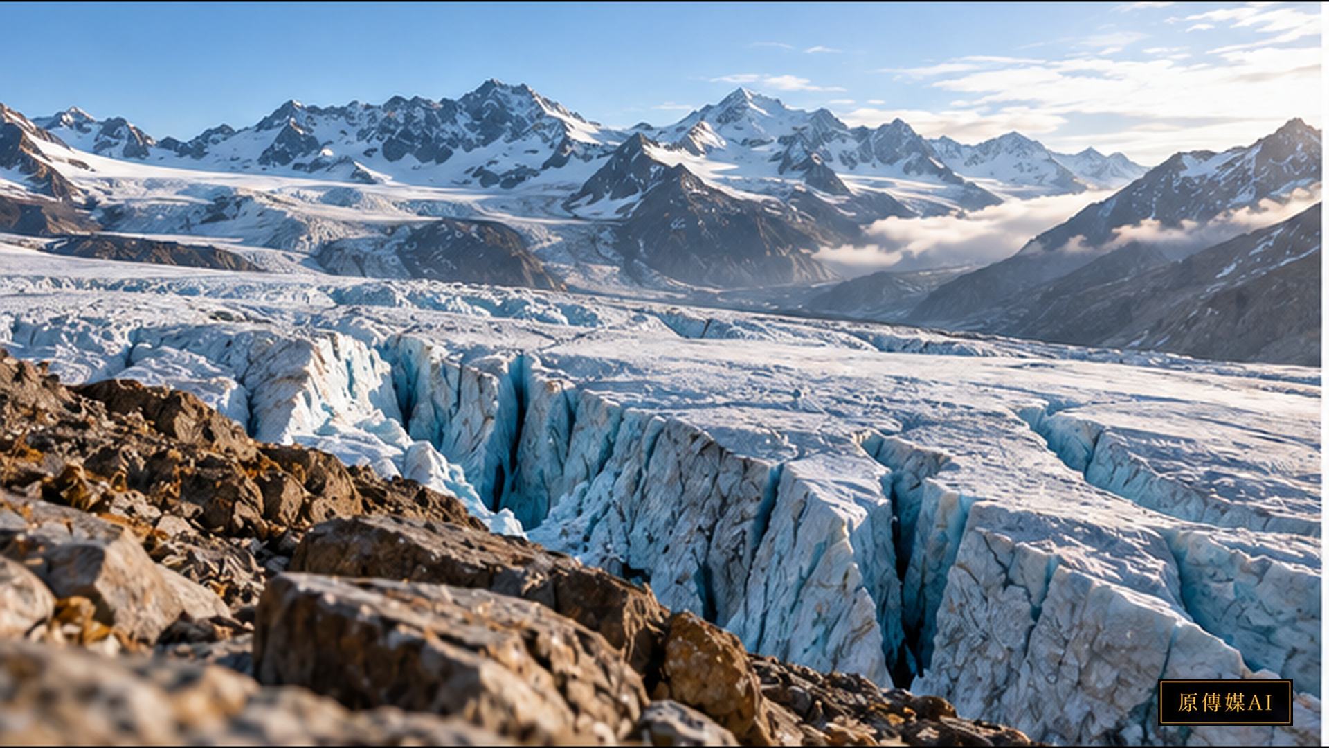 High-resolution landscape of retreating Swiss Alpine glacier showing crevasses and exposed bedrock moraine, glaciological observation and water resource governance, 1920x1080.