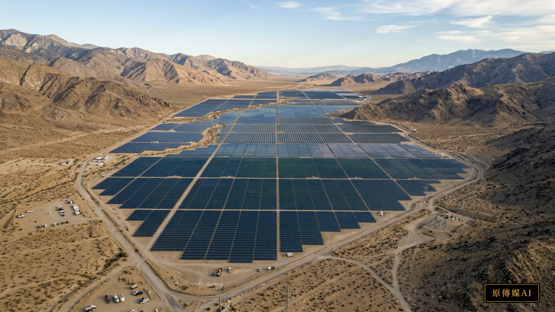 乾旱荒漠盆地中大規模鋪設的太陽能光電板空拍景觀,遠方為乾燥山脈,展現微氣候地表熱影像與環境監測之視覺,紀實攝影風格,無文字無Logo無浮水印。
