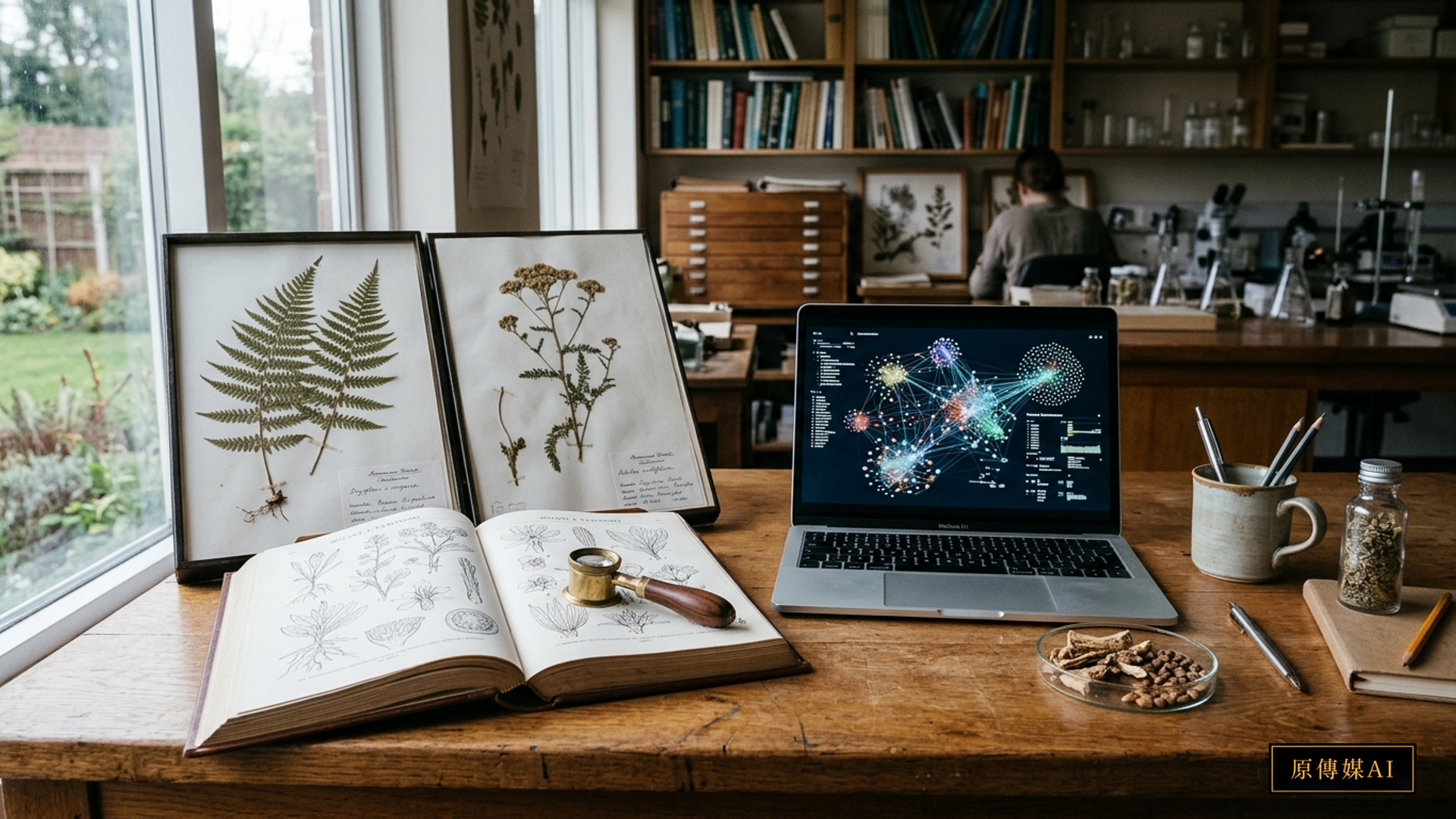 Documentary academic research desk with framed botanical herbarium plant specimens, reference volumes, dried roots, and a laptop displaying data governance network taxonomy without readable text.