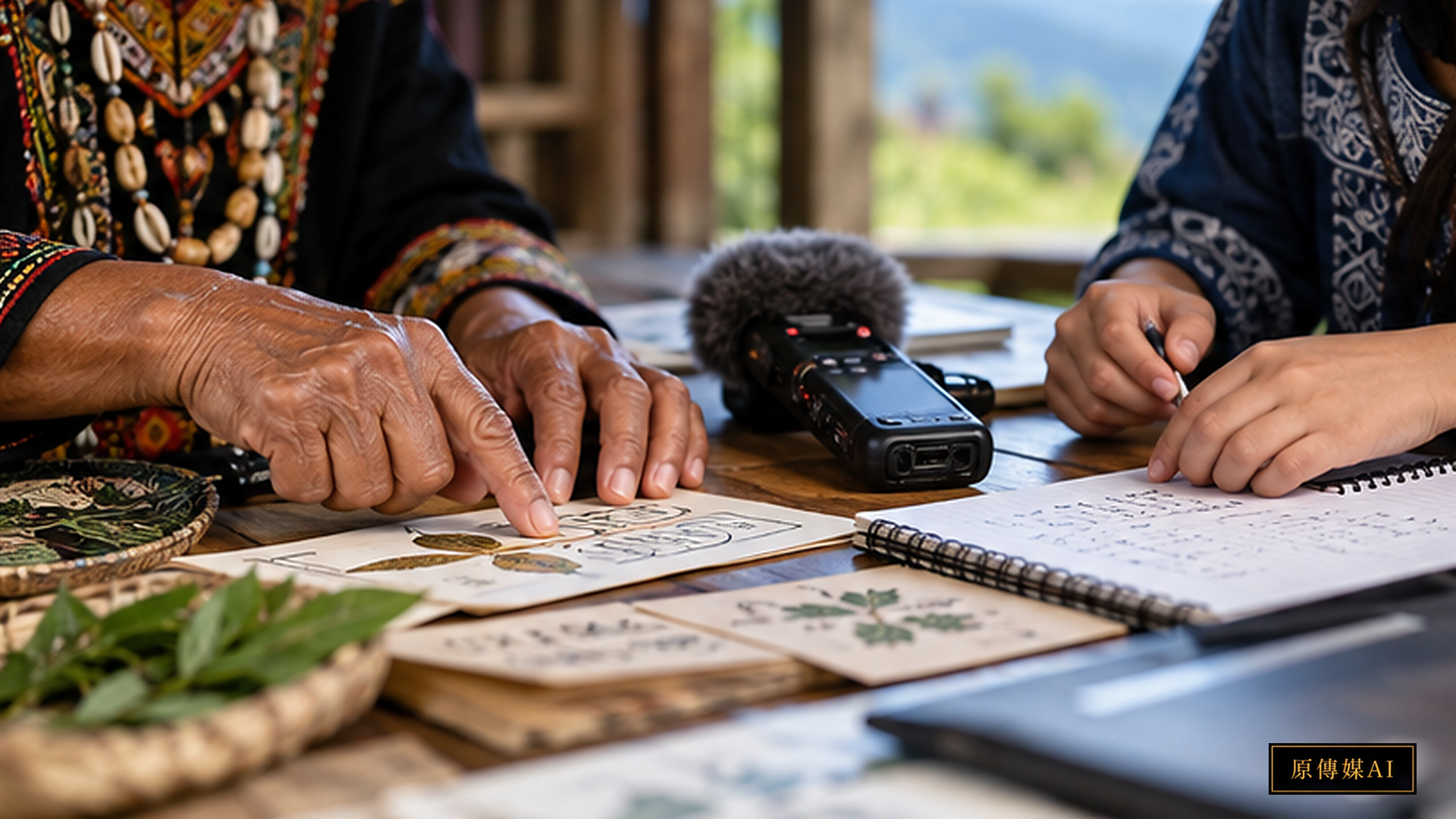 Hands of an elder and young apprentice organizing language manuscripts and audio recording tools on a wooden desk in documentary lighting.